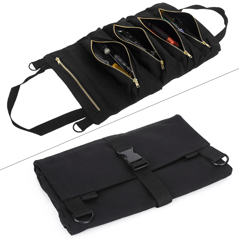 Tragbare Werkzeugtasche Aus Segeltuch, Die Über Die Rückenlehne Eines Autositzes Passt, Zusammengerollt Werden Kann Und Ein Aufbewahrungsset Für Schraubendreher Und Schraubenschlüssel Enthält.
