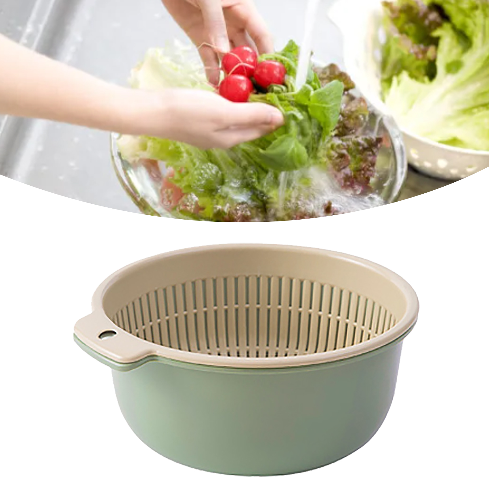 Obst- Und Gemüsewaschkorb, Rund, Doppelwandig, Küchensieb, Obst- Und Gemüsewaschschüssel-set, Grün