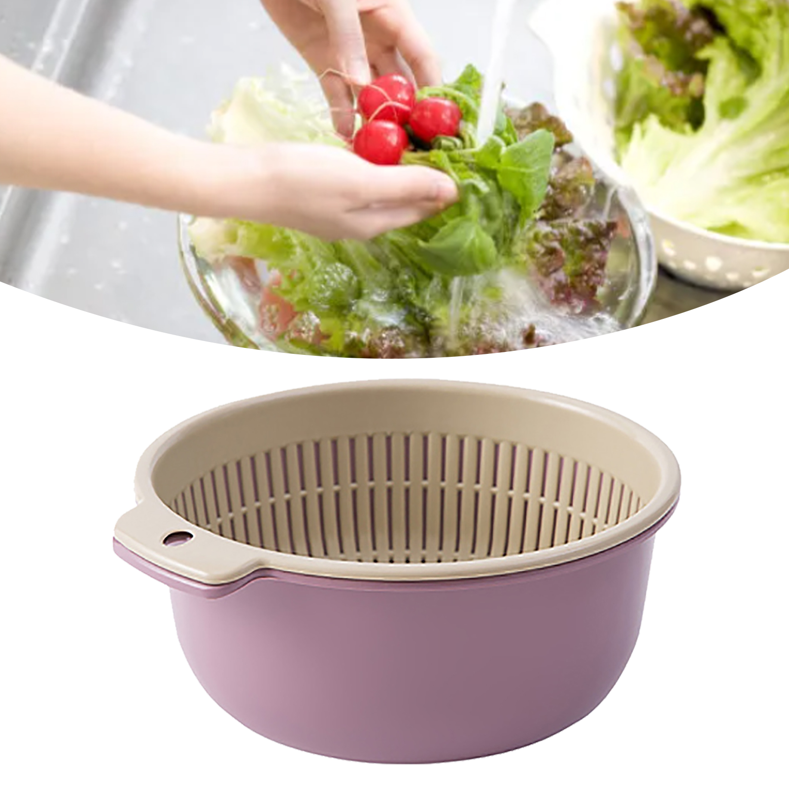 Obst- Und Gemüsewaschkorb, Rund, Doppelwandig, Küchensieb, Obst- Und Gemüsewaschschüssel-set, Lila