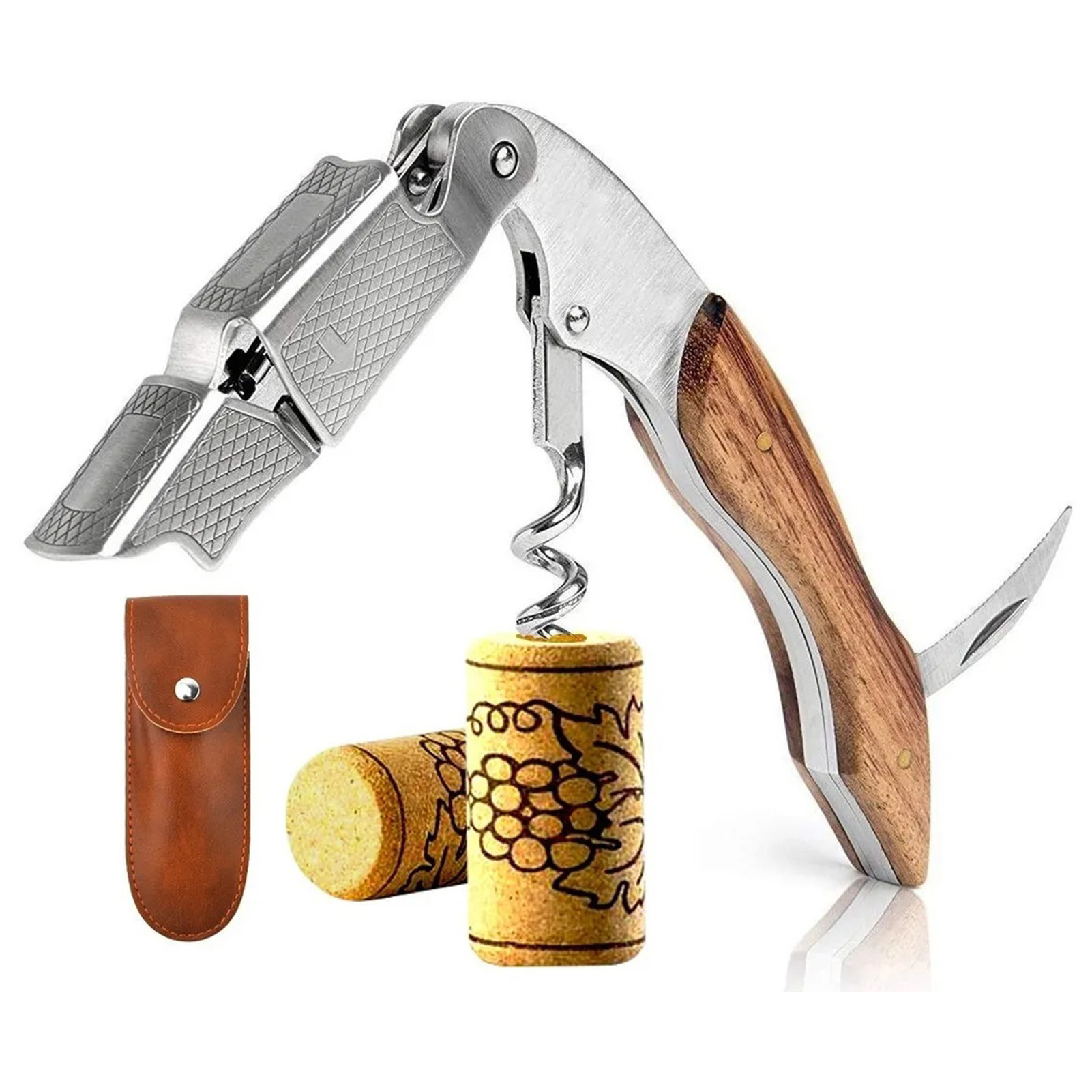 Multifunktionaler Weinöffner Aus Edelstahl Mit Holzgriff, Tragbarer Bierflaschenöffner Für Die Bar