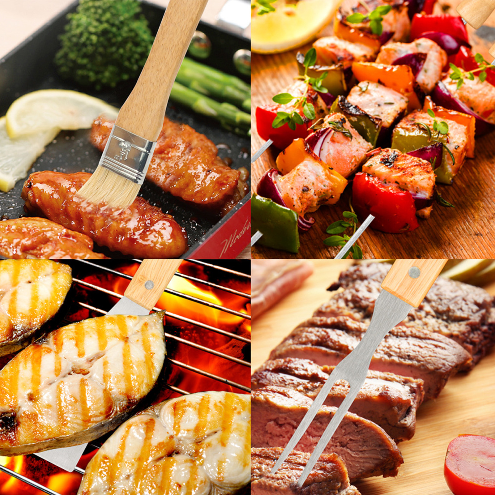 Set Mit 10 Grillbesteckteilen Aus Edelstahl Mit Holzgriffen, Picknick-grillzubehör