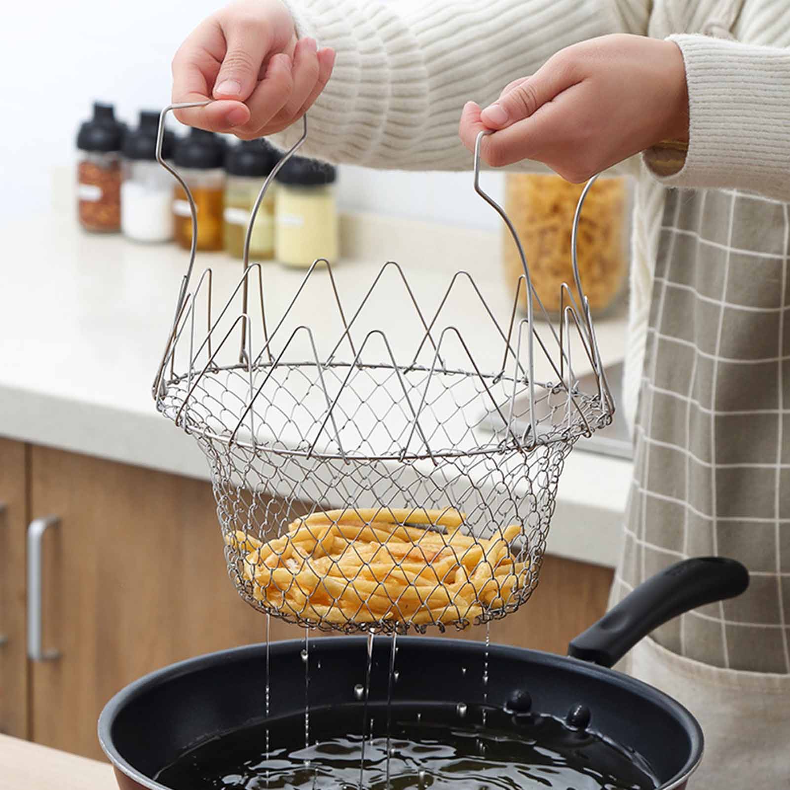 Faltbarer, Mittelmaschiger Frittierkorb Aus Edelstahl, Universell Einsetzbar, Für Die Küche