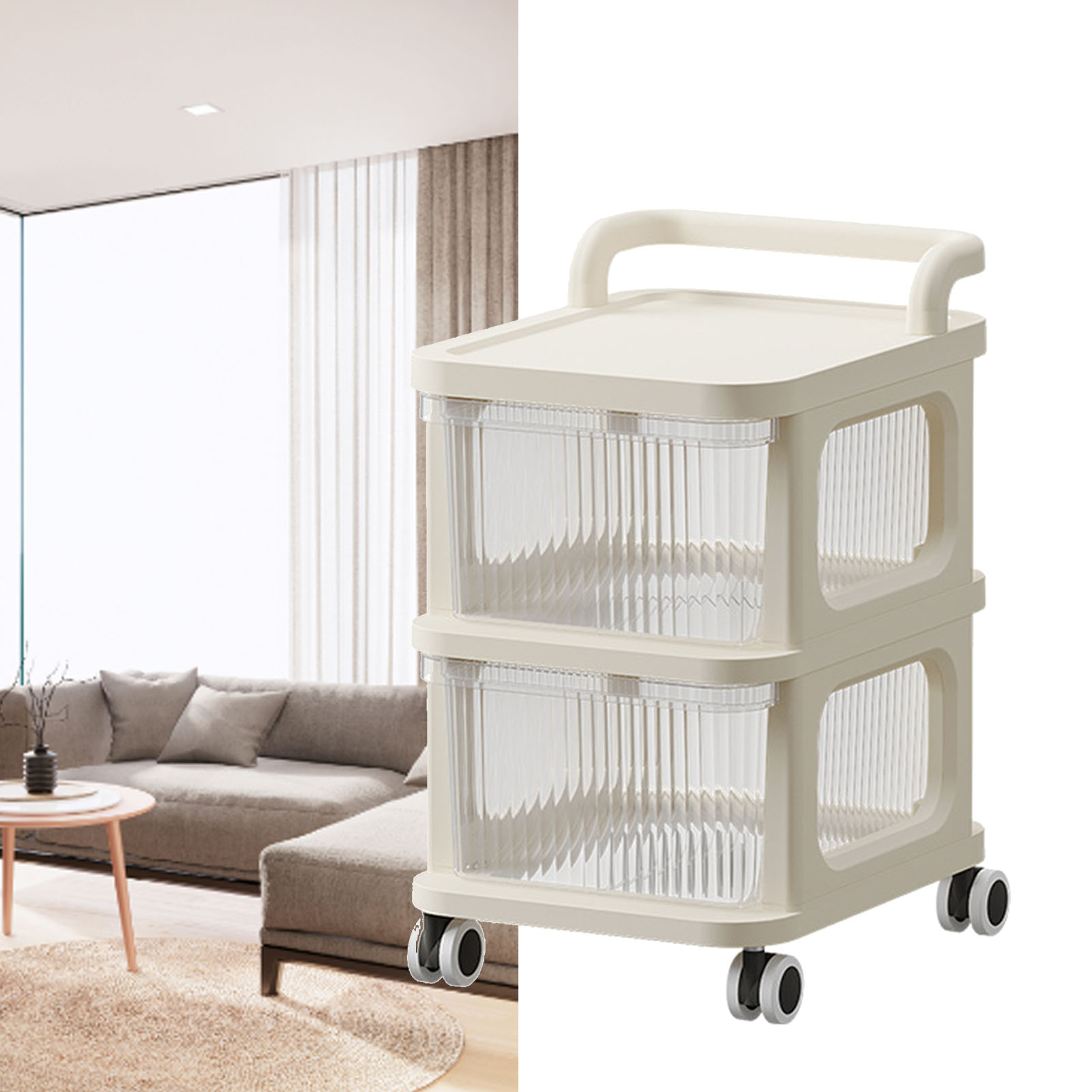 Rollwagen Mit Schubladen Und Organizer-ablage, Transparent, Auf Vier Leichtgängigen Rollen, Für Zuhause Und Büro, Beige, Zwei Ablagen