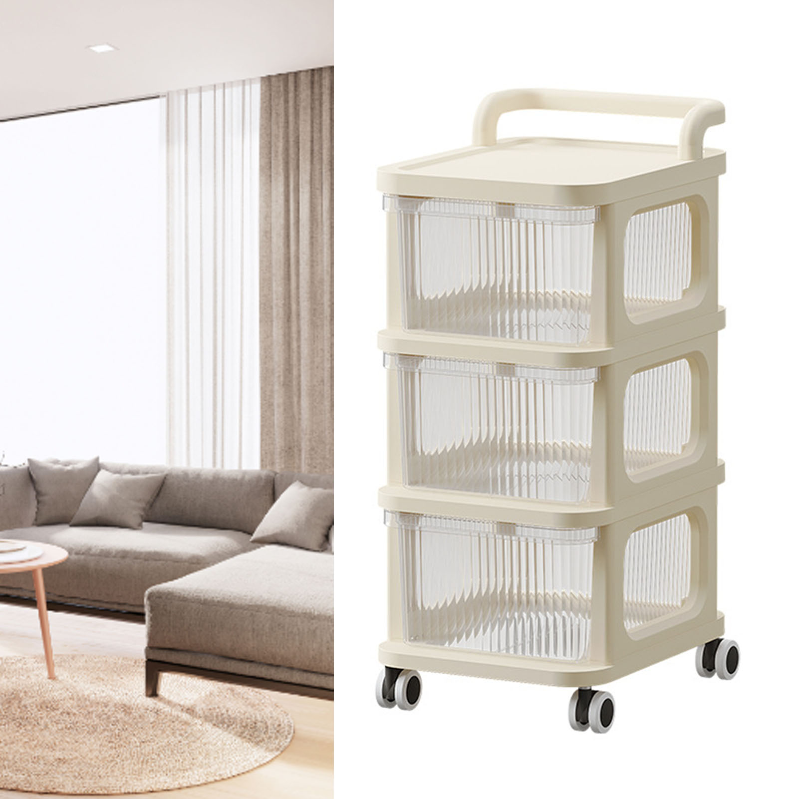 Aufbewahrungswagen Mit Schubladen Und Oberem Organizer, Transparent, Auf Rollen, Mit Leichtgängigem 4-rad-trolley Für Zuhause Und Büro, Beige, 3 Ebenen