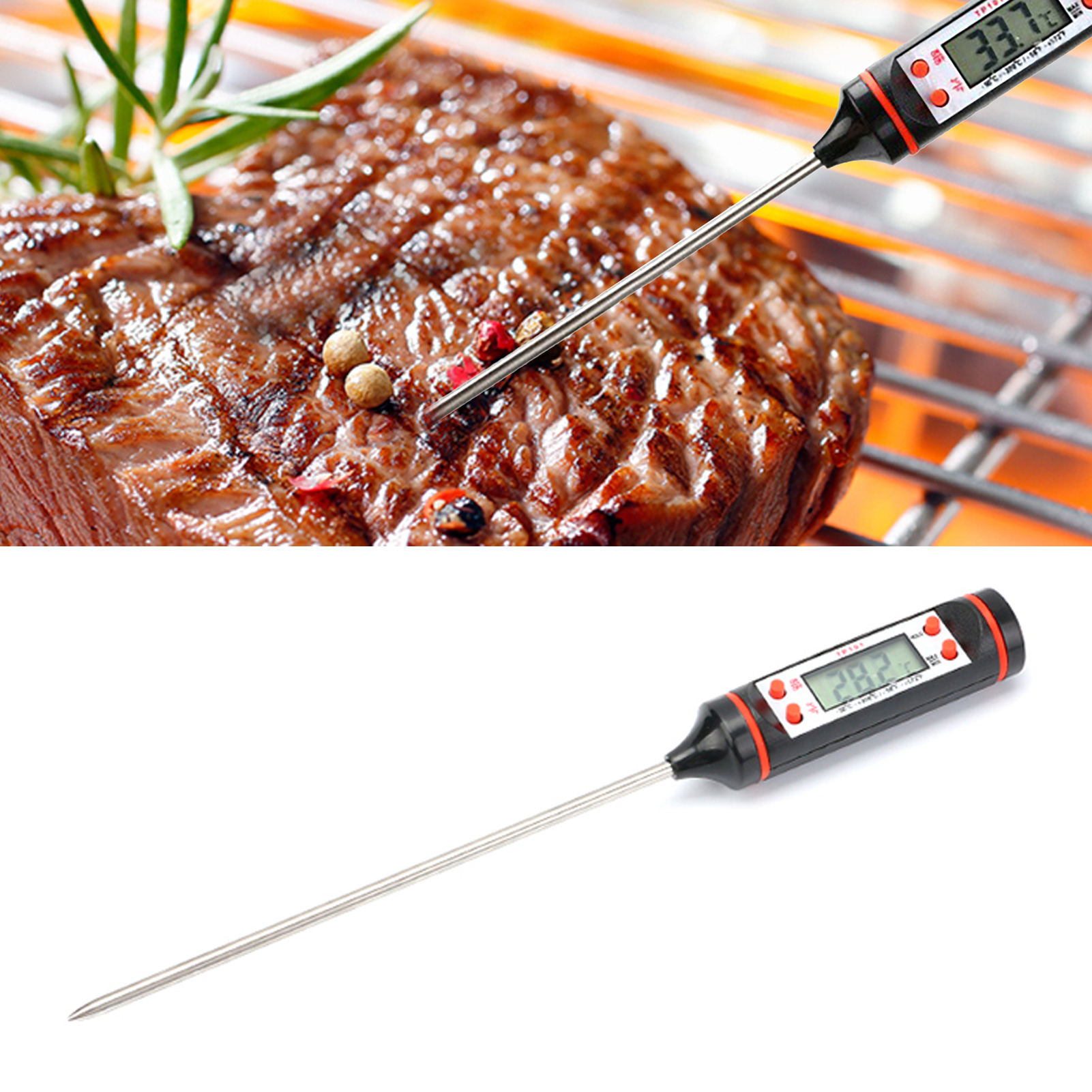 Hochpräzises, Stiftförmiges Lebensmittelthermometer Mit Lcd-anzeige, Fleischthermometer Mit Edelstahlsonde, Schwarz