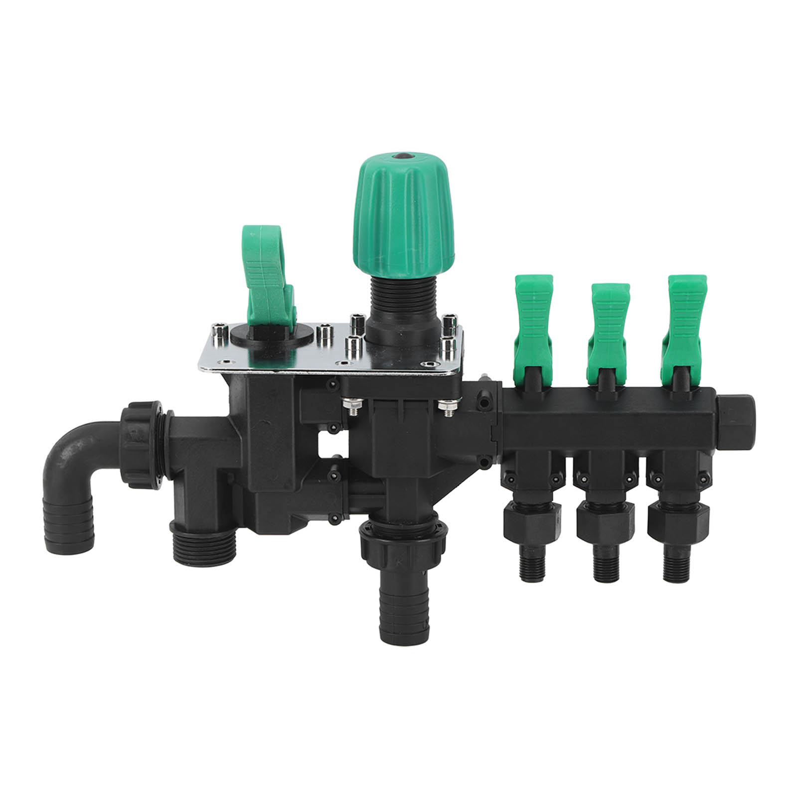 Ein Verteiler Für Landwirtschaftliche Sprühgeräte Mit Absperrventil Und Manometer. Ein Dreiwegeverteiler Für Gartenschläuche In Der Tierhaltung Und Aquakultur.