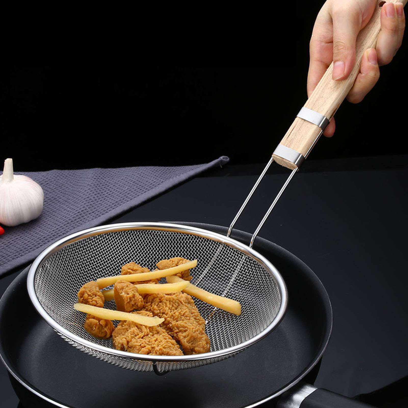 Feinmaschiges Sieb, Universell Einsetzbar, Edelstahl, Holzgriff, Stabiler Ölauffanglöffel Für Die Heimische Küche