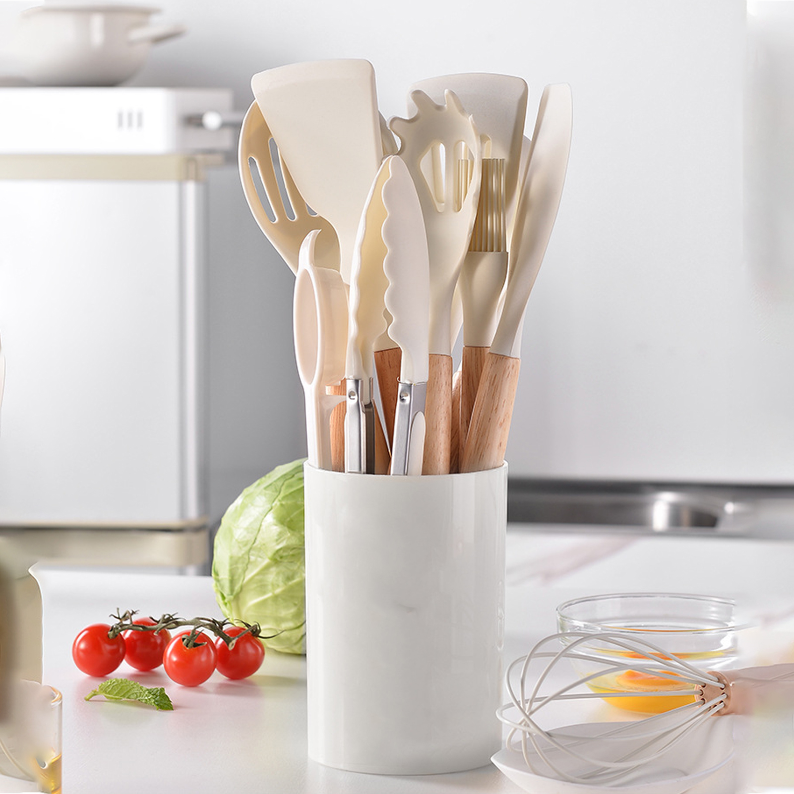 14-teiliges Küchenhelfer-set Mit Holzgriff, Silikon-kochutensilien, Pfannenwender, Zange Und Löffelhalter, Weiß