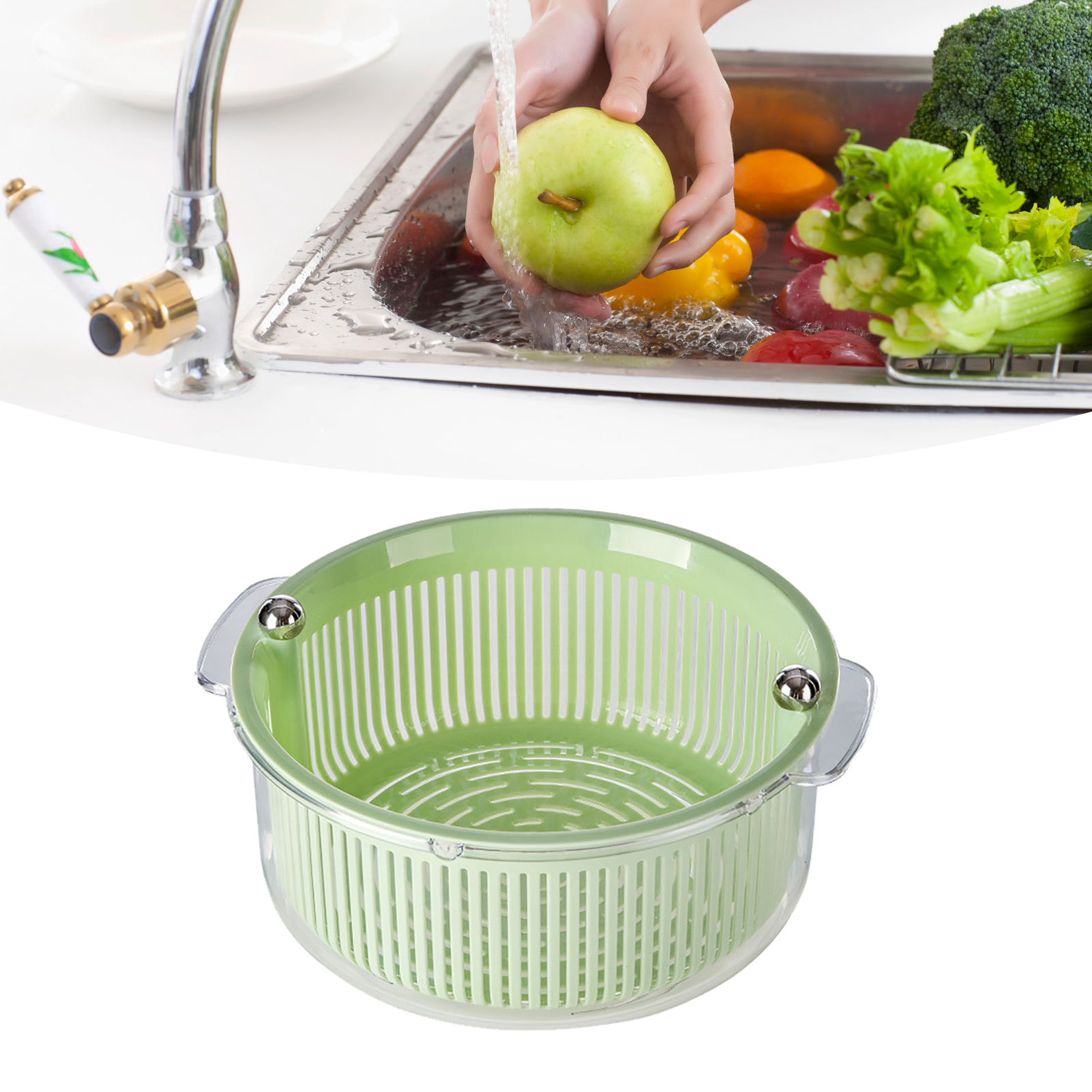 Gemüsewaschkorb, Sicher, Aus Pet/pp, Großes Fassungsvermögen, Schüssel Zum Waschen Und Trocknen Von Obst, Mit Sieb, Für Die Küche, Transparent Und Mintgrün
