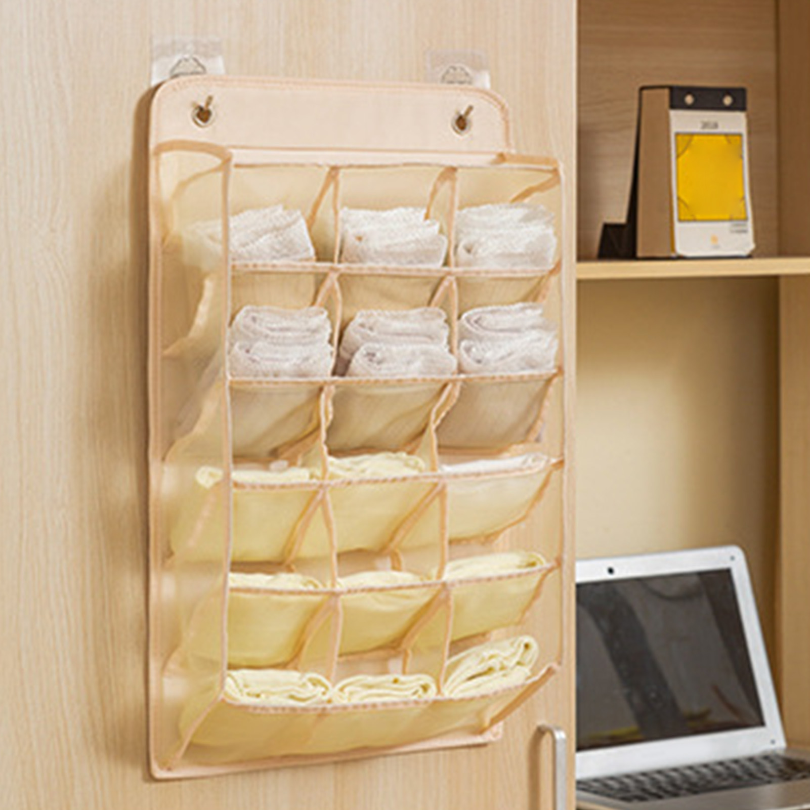Hängender Unterwäsche-organizer Für Den Kleiderschrank, Oxford-netzgewebe, Pp-platte, Wandregal Für Unterwäsche, Hängender Aufbewahrungsbeutel Für Bhs, Socken Und Slips, 15 Fächer, Beige