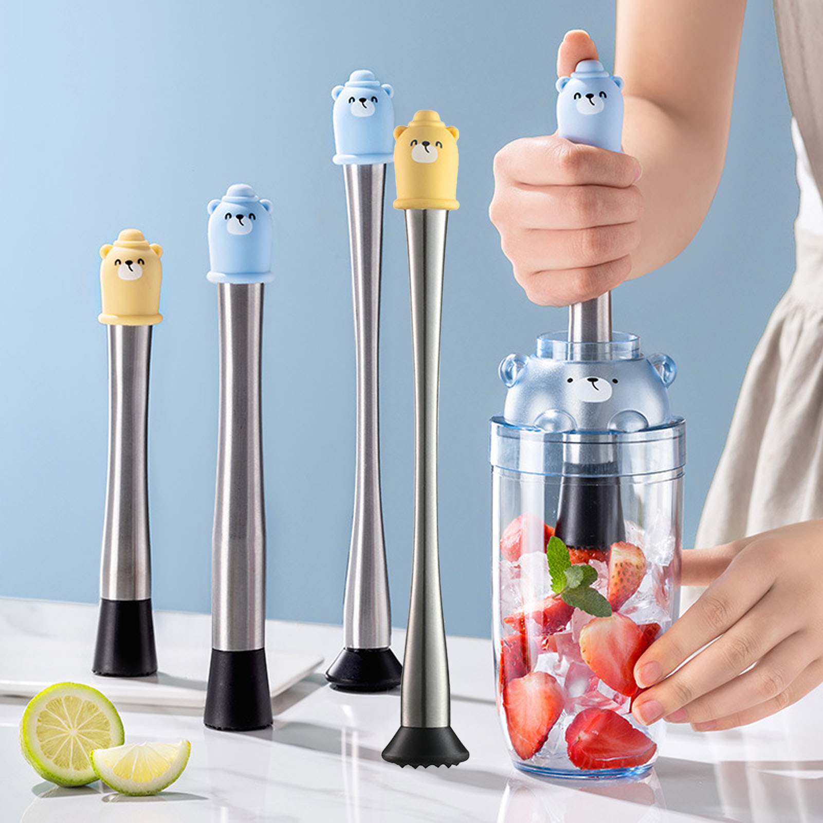 Professioneller Stößel Mit Komfortablem Griff. Professioneller, Einfach Zu Bedienender Stößel Aus Edelstahl Für Den Bargebrauch, Blau, 30 Cm/11,8 Zoll.