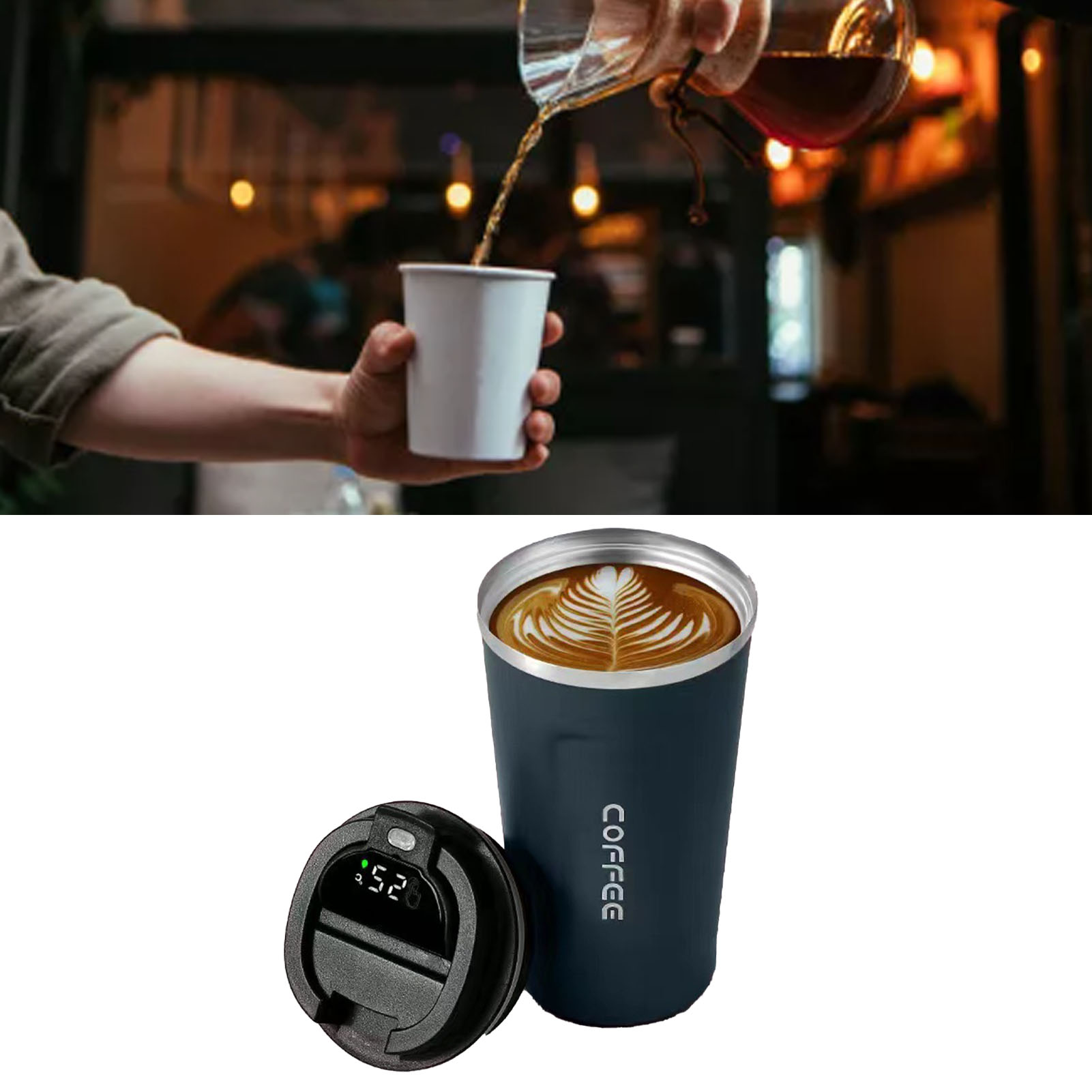 Intelligente Temperaturanzeige, Tragbarer, Isolierter Kaffeebecher Aus Edelstahl 304, Schlichtes Design, Reine Farbe, 2. Generation, Blau, 380 Ml