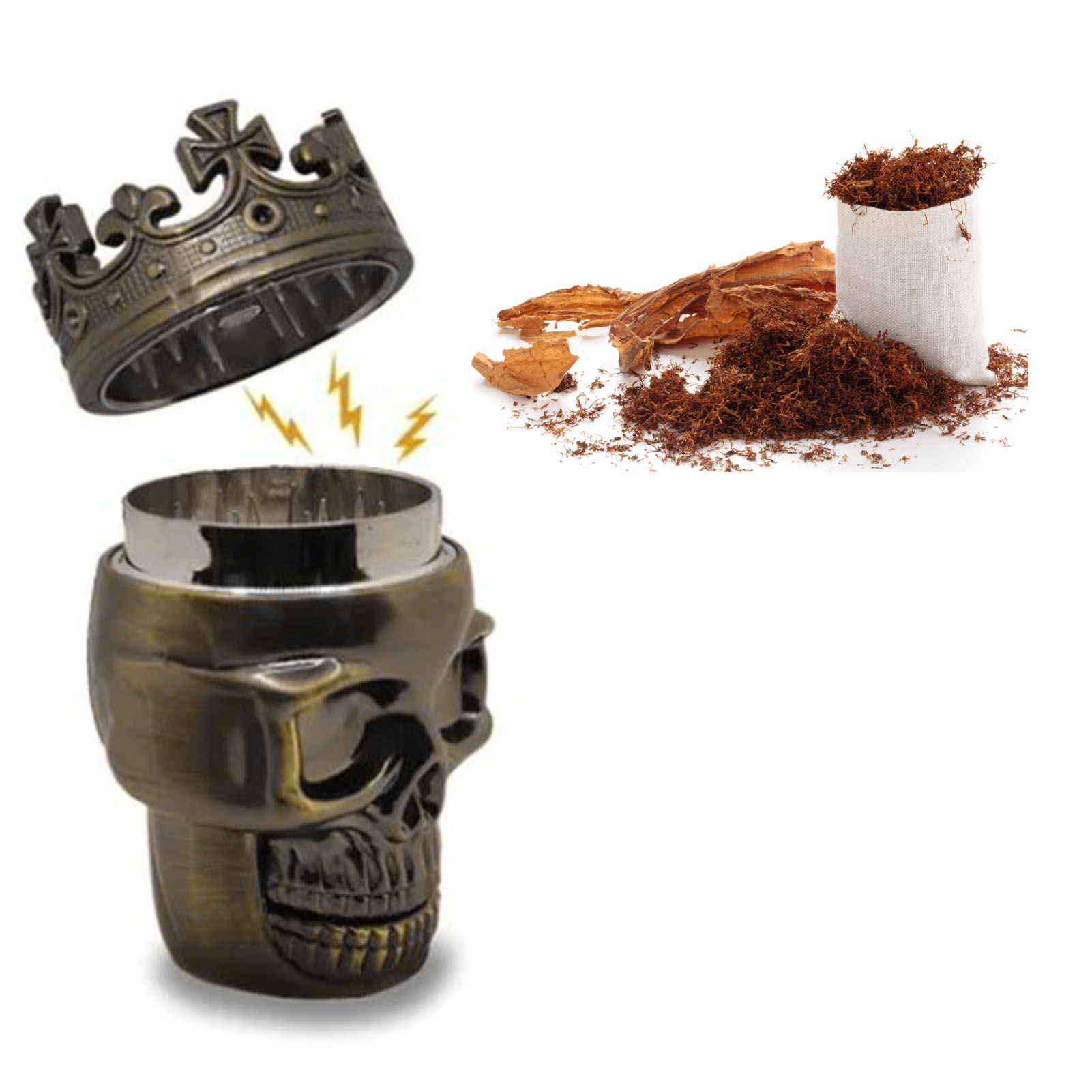 Dreilagige Gewürzmühle, Kräutermühle, Tabakmühle, Totenkopf Mit Krone Zum Selberkochen, Bronze