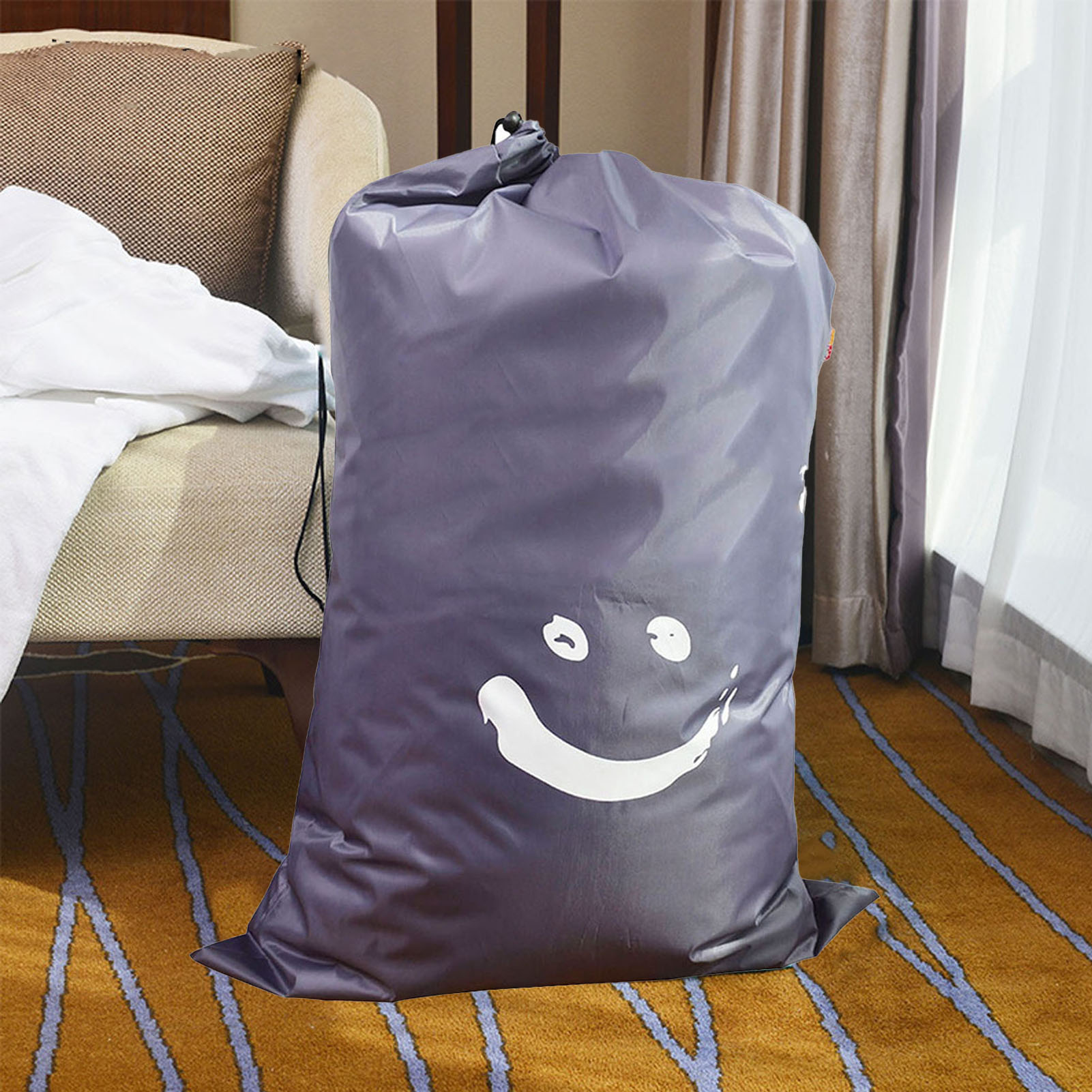 Wäschebeutel Aus Nylon Mit Kordelzug Für Zuhause, Reisen, Schmutzwäsche, Bücheraufbewahrung, Dunkelgrau, Mit Smiley-gesicht