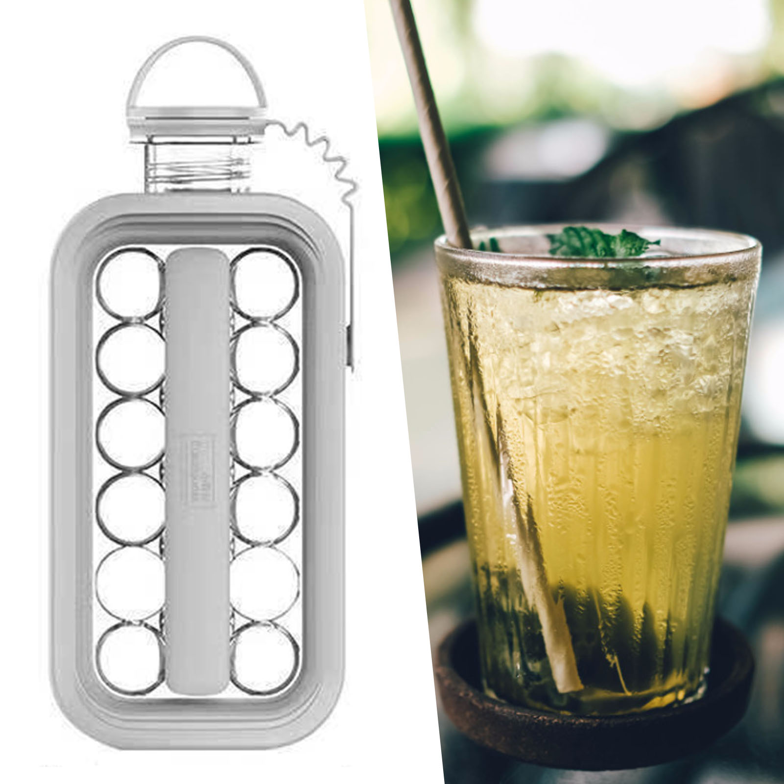 2-in-1 Eiswürfelbereiter, Tragbarer Eiswürfelbereiter, Wasserflasche Mit Deckel, Grau