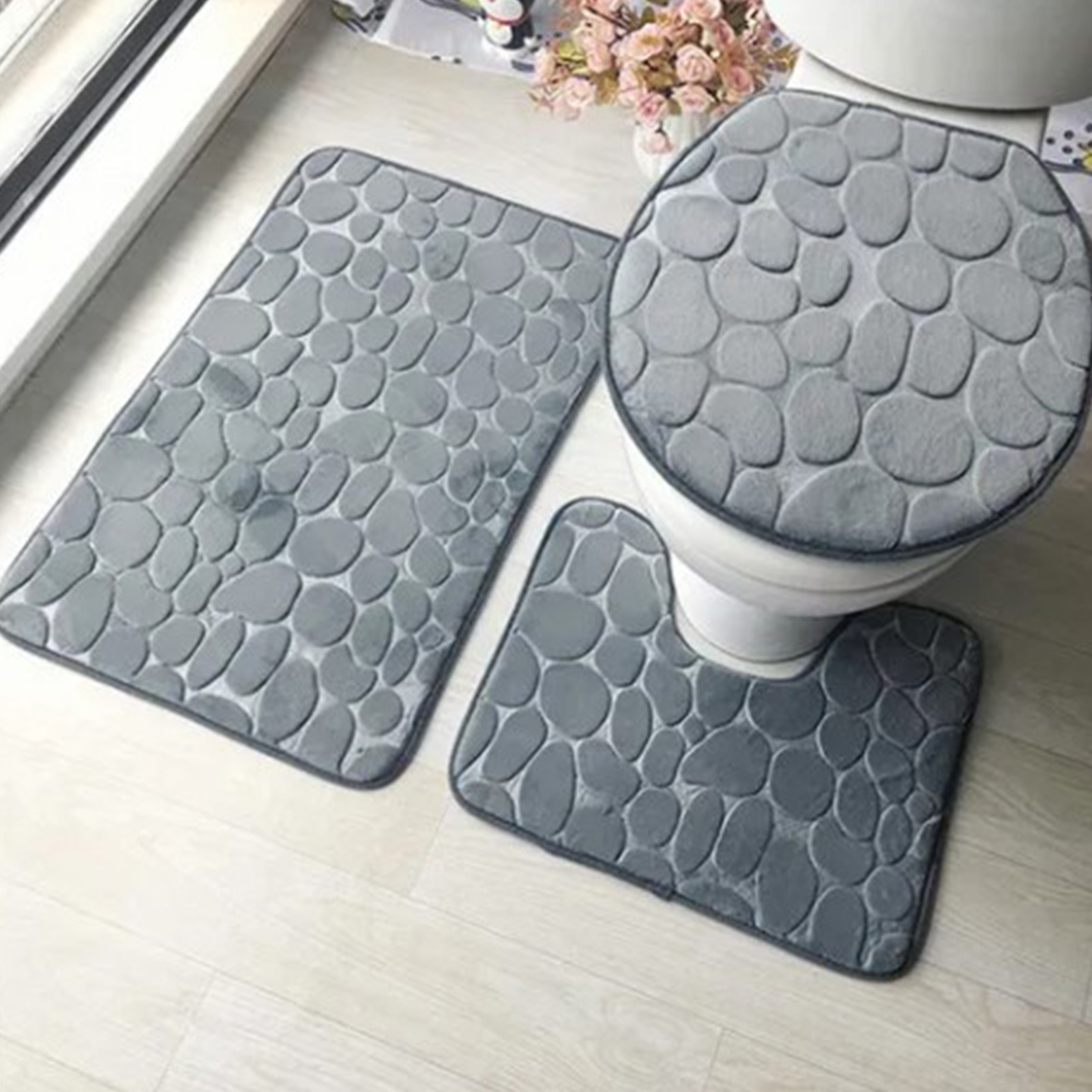 3-teilige Badematte Mit Geprägtem Pflastersteinmuster, Rutschfest, Wc-sitzbezug, Für Hotels, Grau