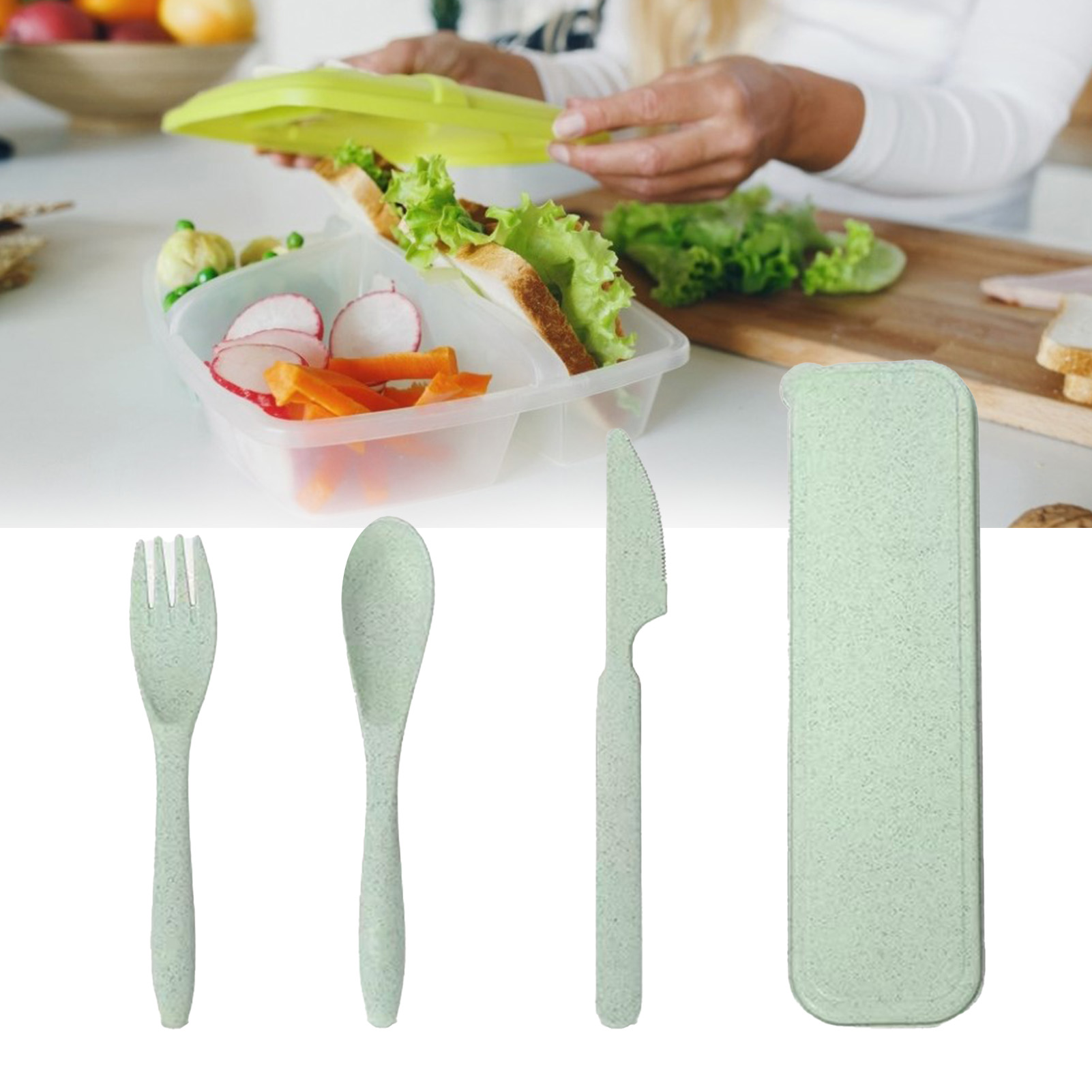 Besteckset Aus Weizenstroh, Modernes, Tragbares Besteckset Mit Gabel, Löffel, Messer Und Box Für Büro, Schule, Picknick, Grün