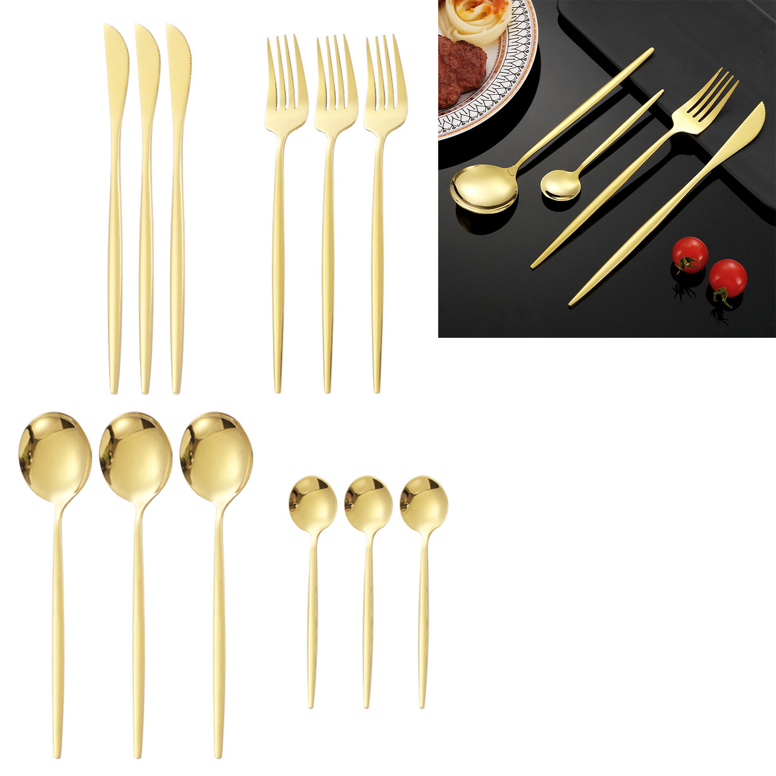12-teiliges Besteckset Aus Edelstahl 410, Löffel, Messer, Gabeln, Glänzend, Für Zuhause Und Restaurant, Gold