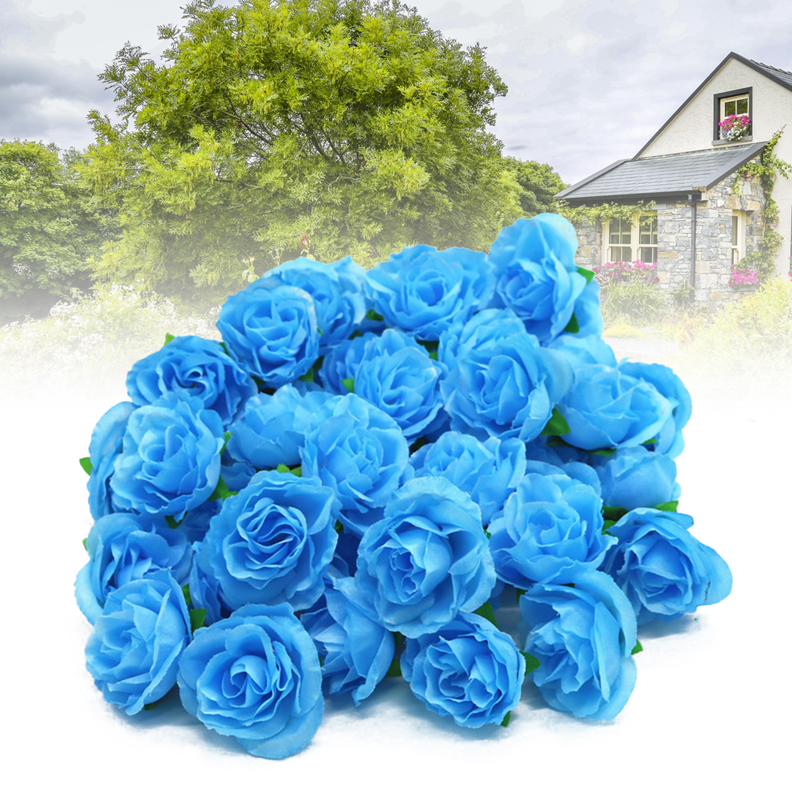 50 Künstliche Rosenköpfe, Dekorativ, Wiederverwendbar, Aus Seide, Künstliche Rosen, Hochzeitsblumen, Blau