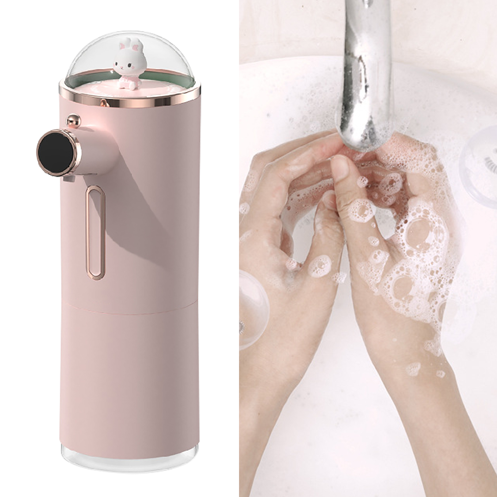 Automatischer Schaumseifenspender, Niedlicher Infrarotsensor, Wasserdicht, Wiederaufladbar, Berührungslos, Rosa