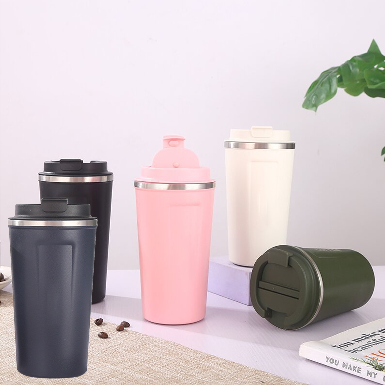Thermobecher Aus Edelstahl 304, Großes Fassungsvermögen, Tragbarer Thermobecher Mit Deckel, Fürs Büro, Weiß, 510 Ml