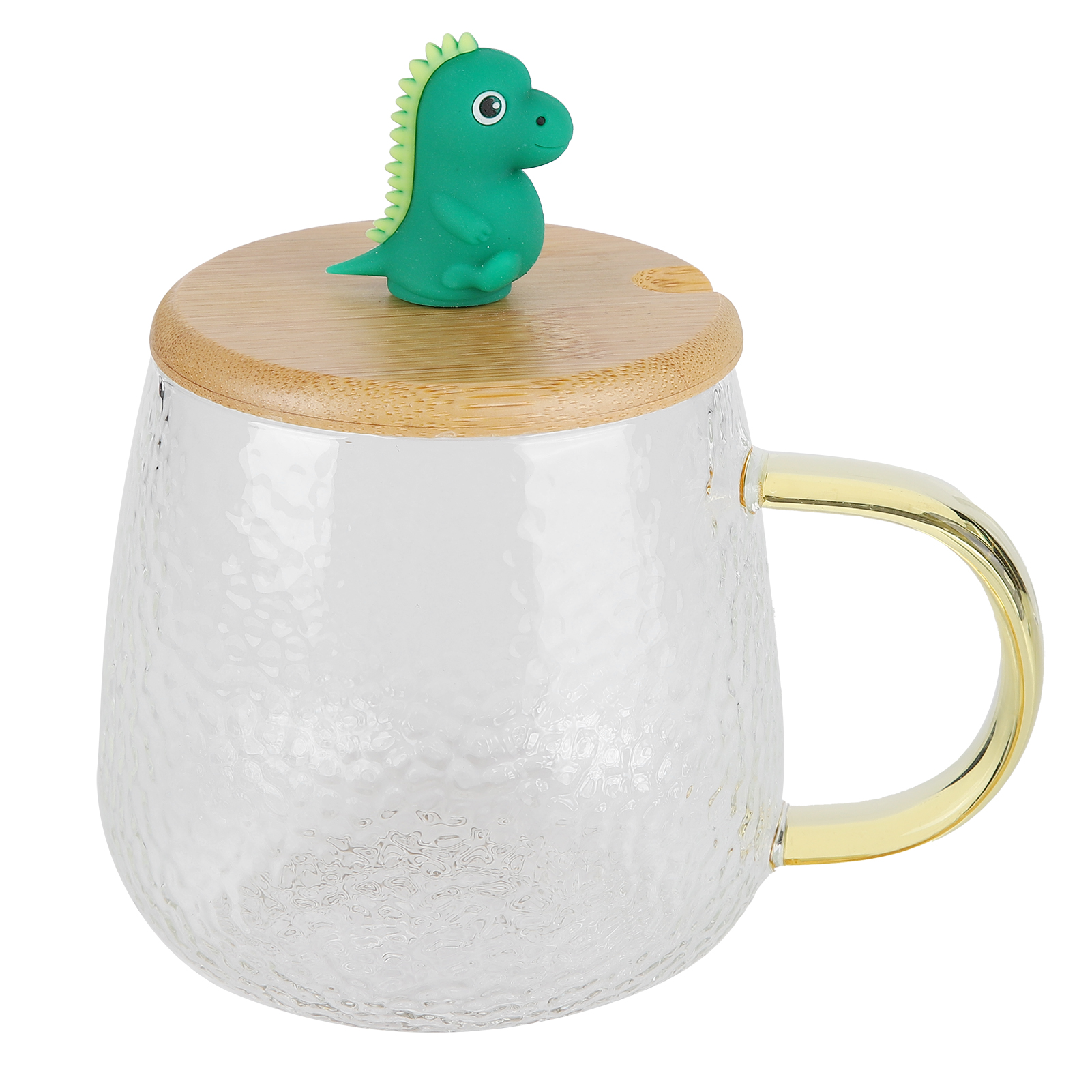Niedlicher, Hitzebeständiger 400-ml-becher Aus Borosilikatglas Mit Stahllöffel Und Bambusdeckel (dinosaurier)