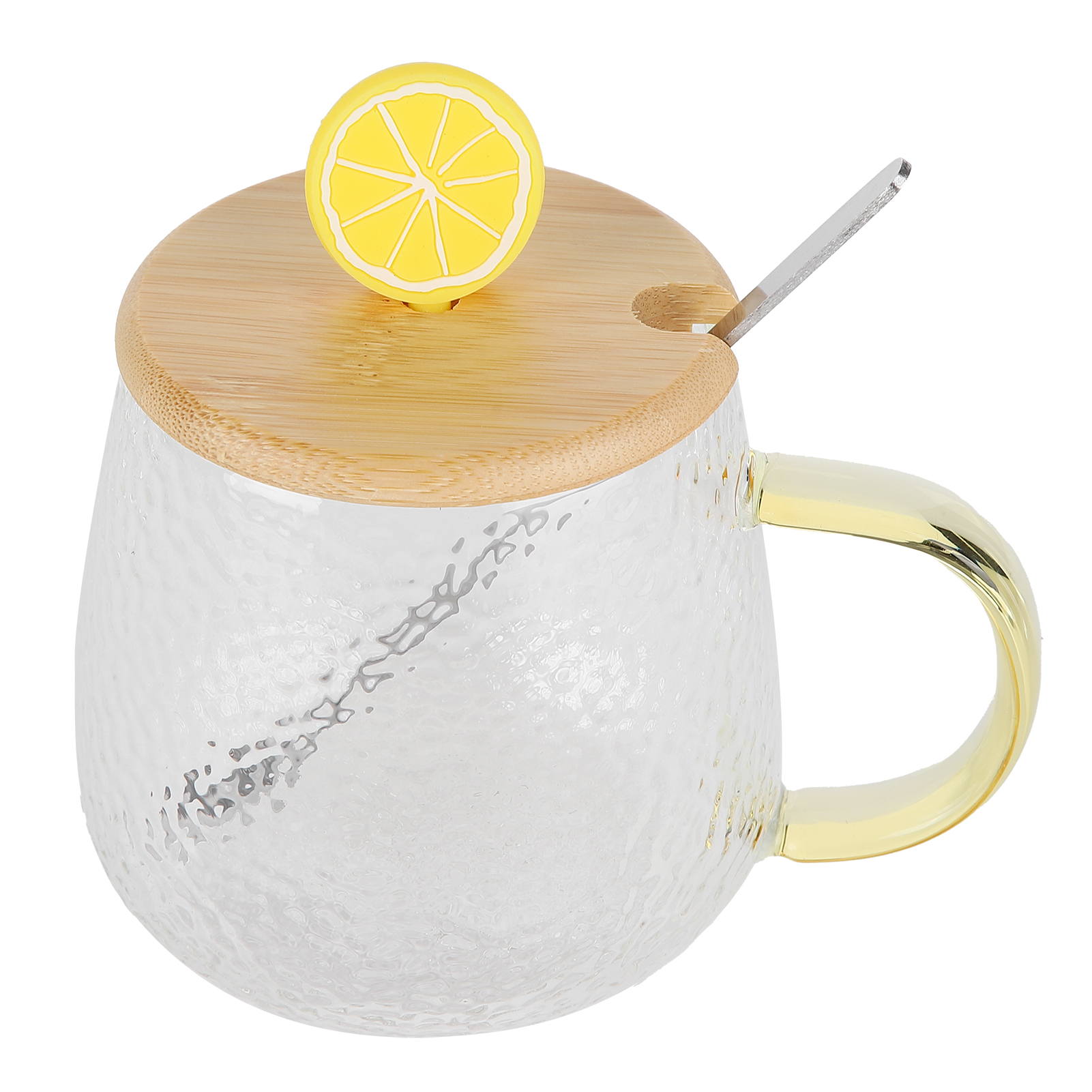Charmante, Hitzebeständige 400-ml-tasse Aus Borosilikatglas Mit Stahllöffel Und Bambusdeckel (zitrone)