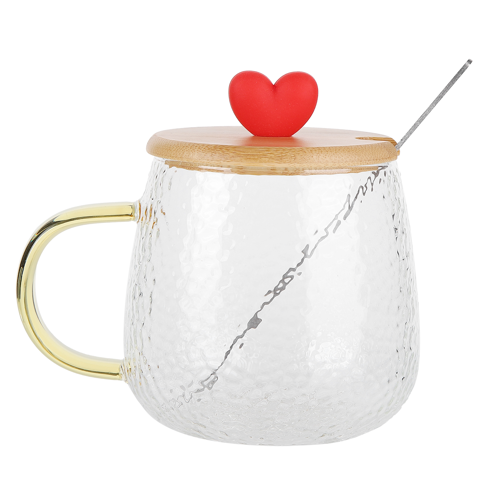 Niedlicher, Hitzebeständiger 400-ml-becher Aus Borosilikatglas Mit Stahllöffel Und Bambusdeckel (love)