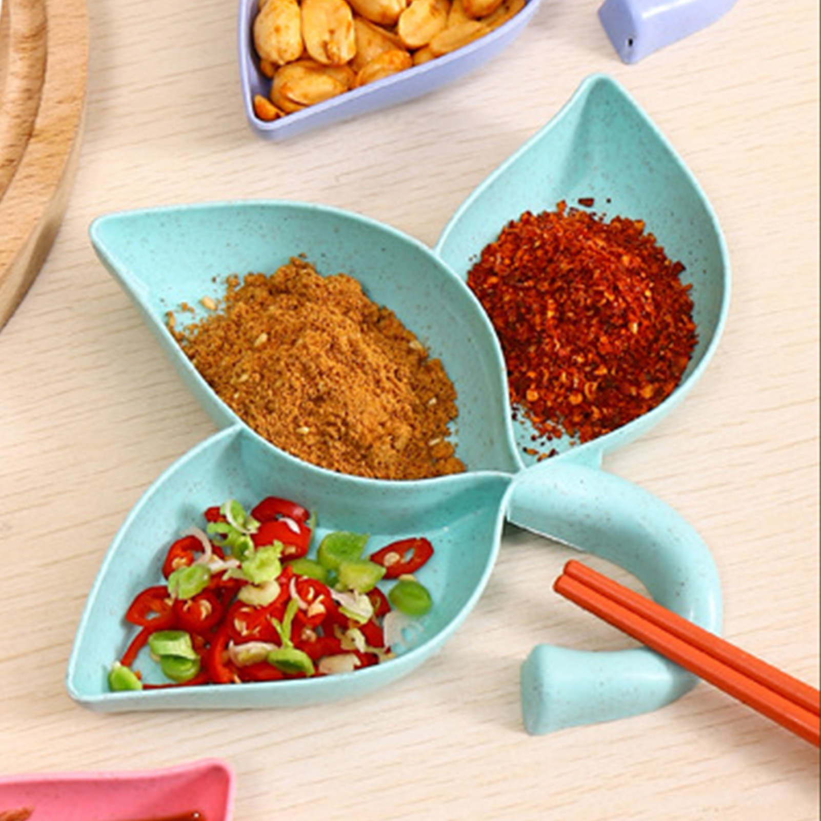 Blattförmige Dipschale, 3 Fächer, Unterteilt, Snackbehälter, Soßenschälchen, Grün