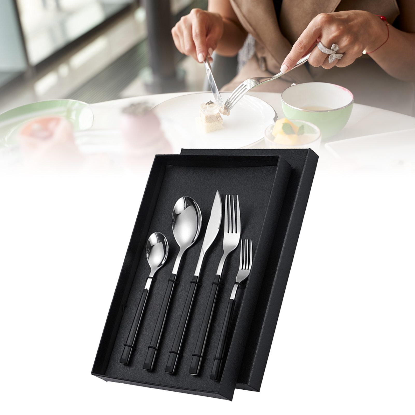 Edelstahl-besteckset, Bestehend Aus Messern, Gabeln Und Löffeln, Küchenutensilien, Hochhartes Besteckset Mit Schwarzem Griff