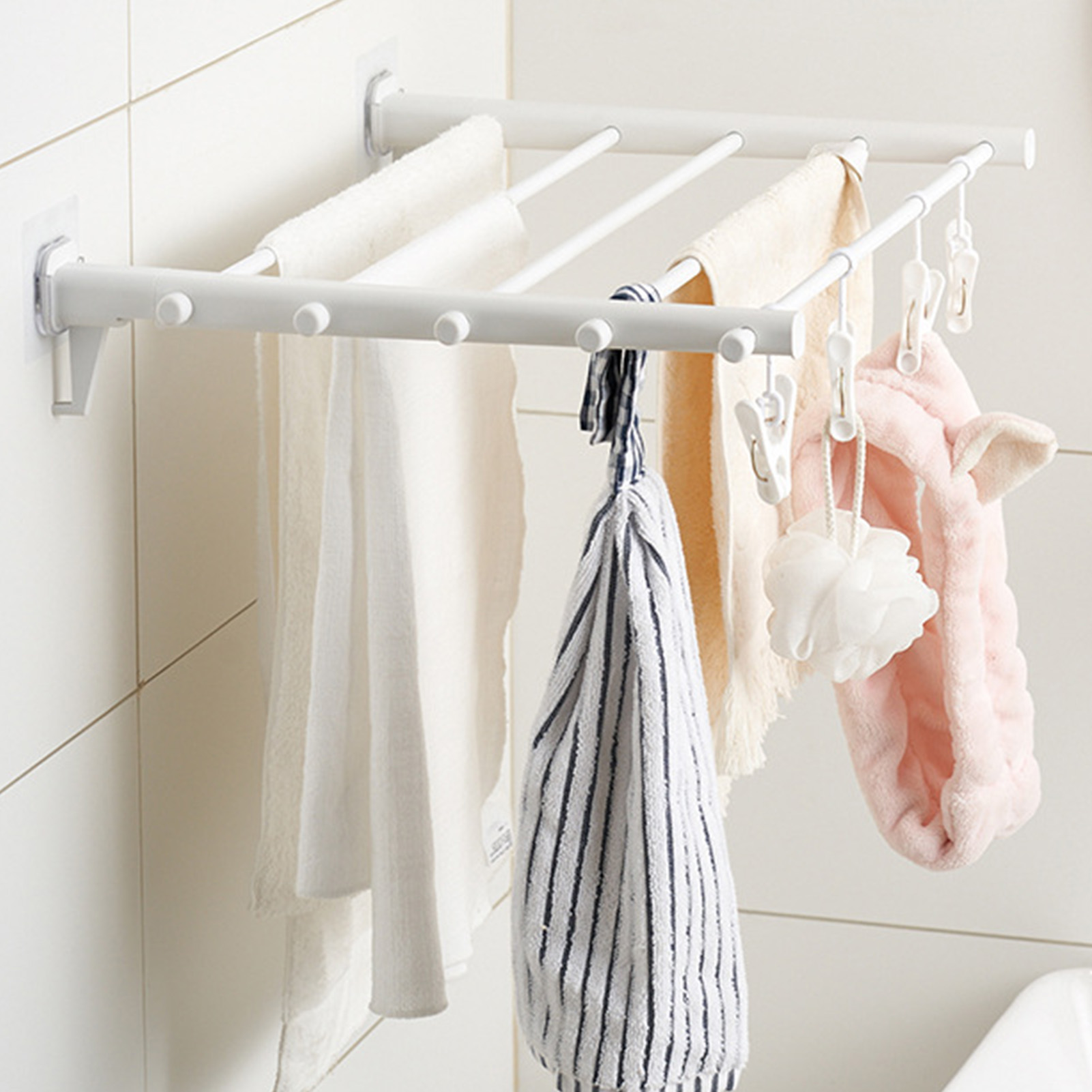 Wandhängender Wäschetrockner, Faltbar, Teleskopierbar, Kunststoff, Ohne Bohrlöcher, Für Den Innen- Und Balkonbereich, 530 Mm, 4 Klemmen