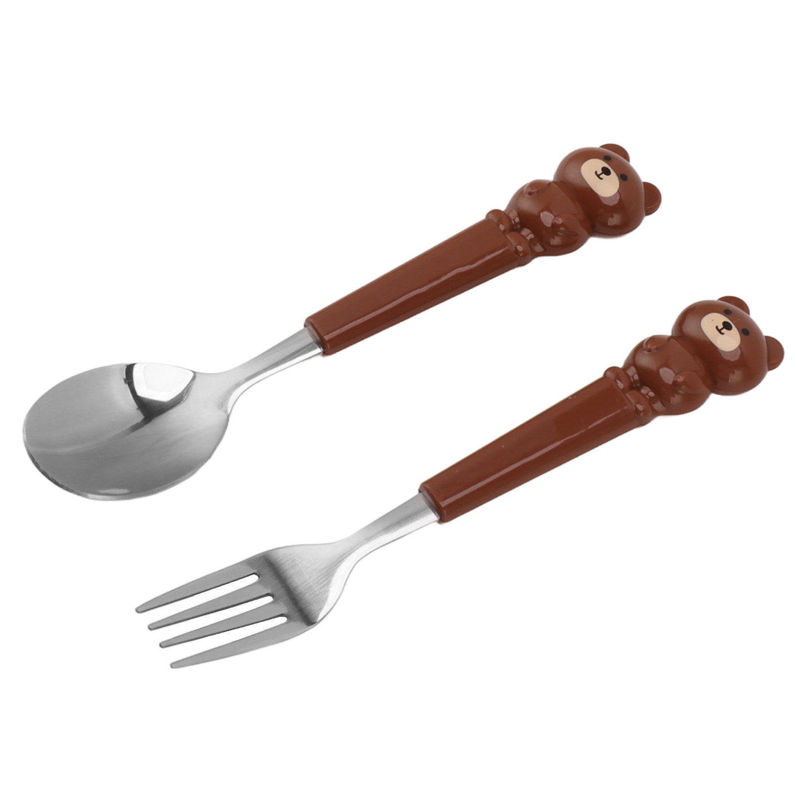 2-teiliges Edelstahl-besteckset Mit Gabel Und Löffel, Niedliches Kinderbesteck Mit Cartoon-motiv, Geschwungenes Geschirrset, Brauner Bär