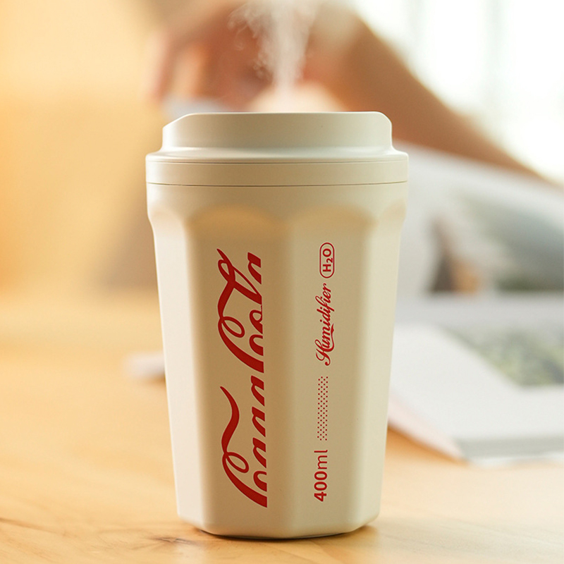 Kabelloser 400-ml-luftbefeuchter Aus Abs Mit Flammenform, Ohne Knöpfe, Coca-cola-becher-förmiger Luftdiffusor Für Auto Und Schlafzimmer, Weiß, Lithium-batteriebetrieben