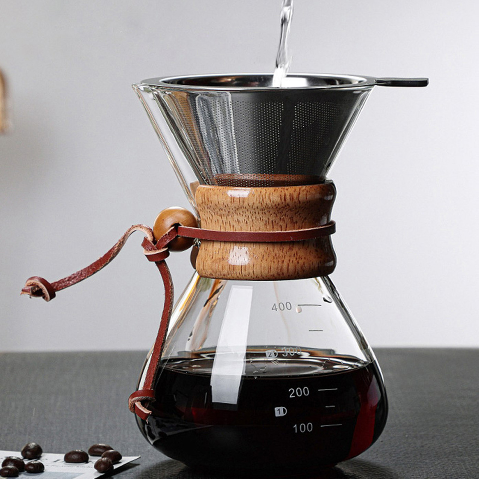 Pour-over-kaffeebereiter 400 Ml, Doppelschichtfilter, V-auslauf, Holzmanschette, Für Zuhause, Cafés Und Partys