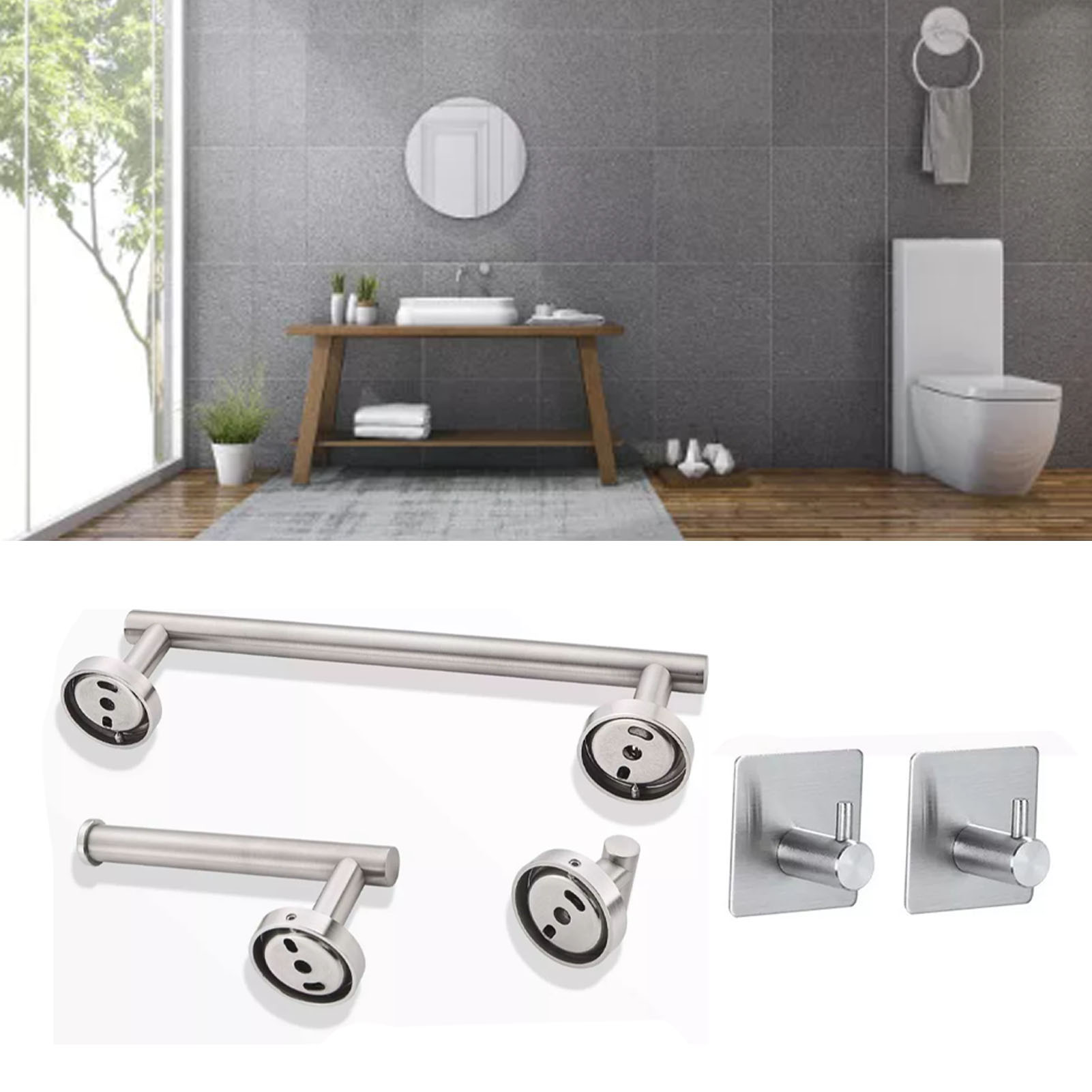 5-teiliges Badezimmer-accessoire-set: Handtuchhalter, Papierhalter, Selbstklebender Haken, Multifunktionales Badezimmer-set In Silber