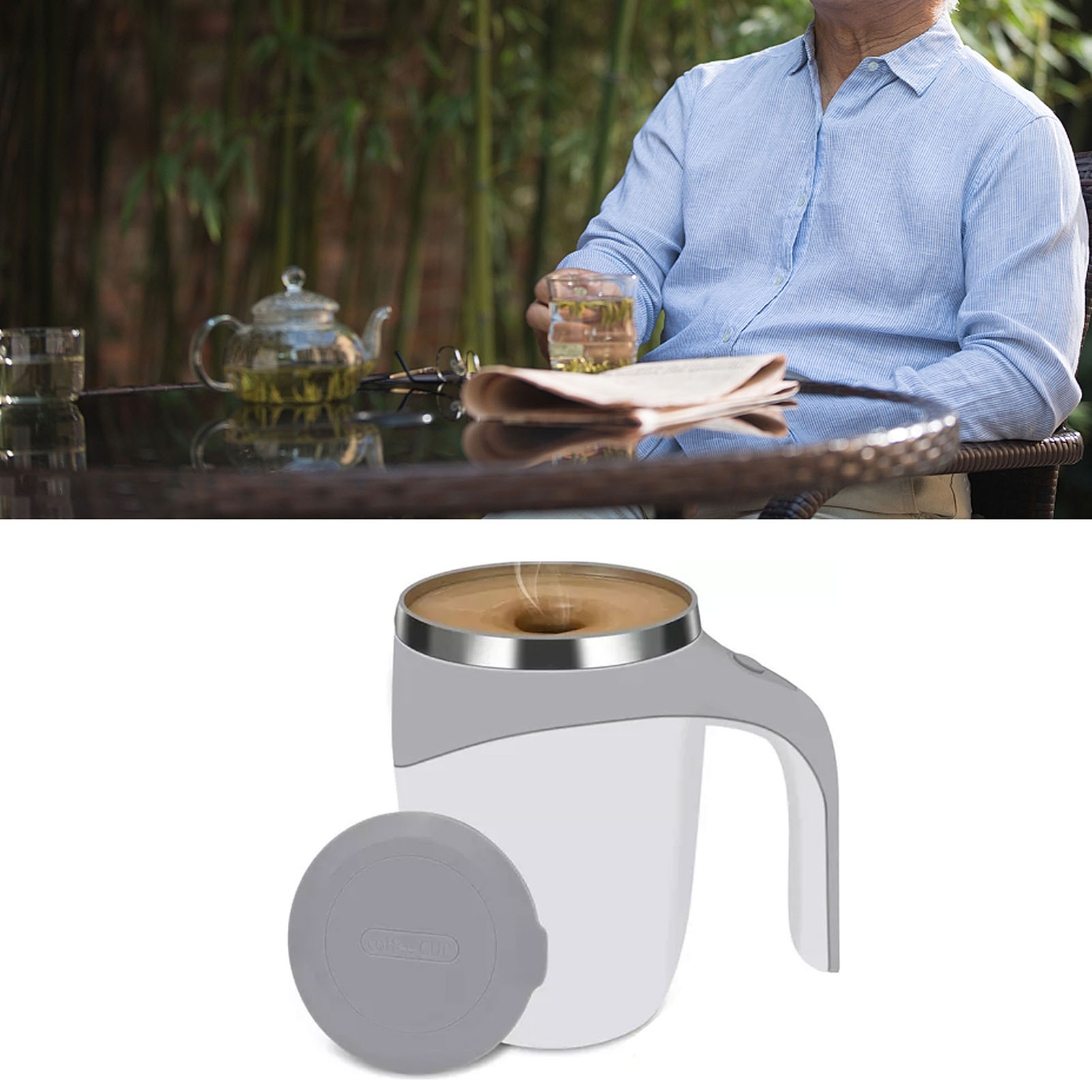 Selbstumrührender Kaffeebecher Aus Edelstahl 304 Mit Automatischem Magnetischem Rührwerk Und Deckel Für Zuhause, Büro Und Reisen, 380 Ml, Weiß