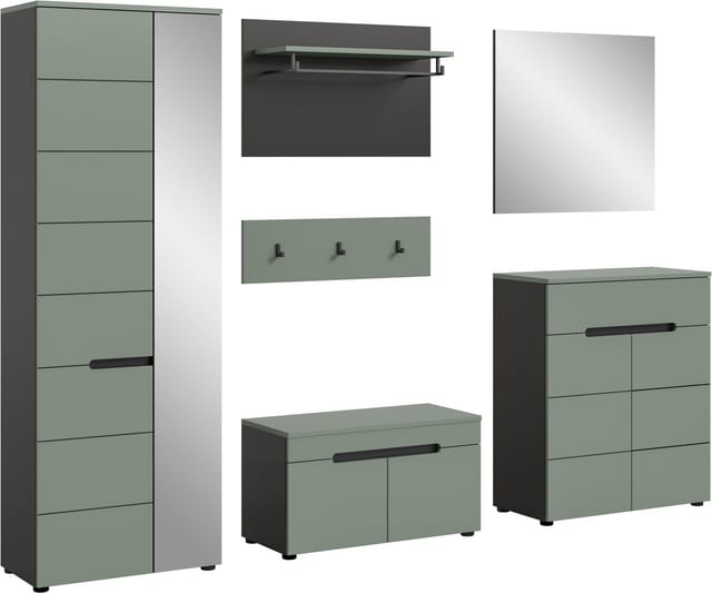 Home affaire Garderoben-Set Rehat, Garderobenkombination, Breite 255cm, (Set, 6-St., Garderobenschrank, Sitzbank, Paneel, Hakenleiste, Spiegel, Kommode), Garderobenkombination, Kombination, Set, Flurgarderobe, Diele