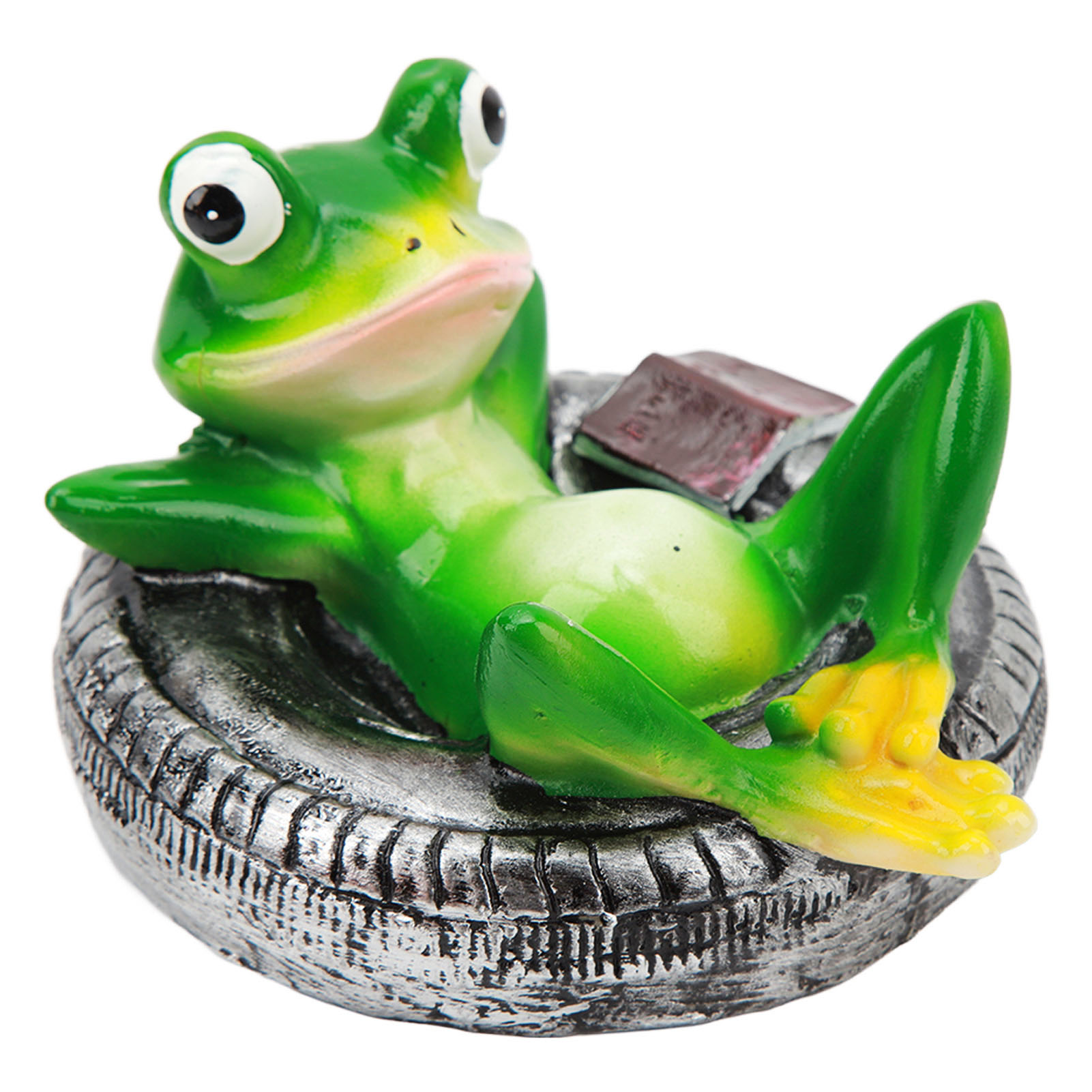 Frosch-teichfigur Aus Kunstharz, Robust, Pflegeleicht, Froschförmige Gartenfigur Für Haus Und Garten. Frosch Ruht Auf Einem Reifen.