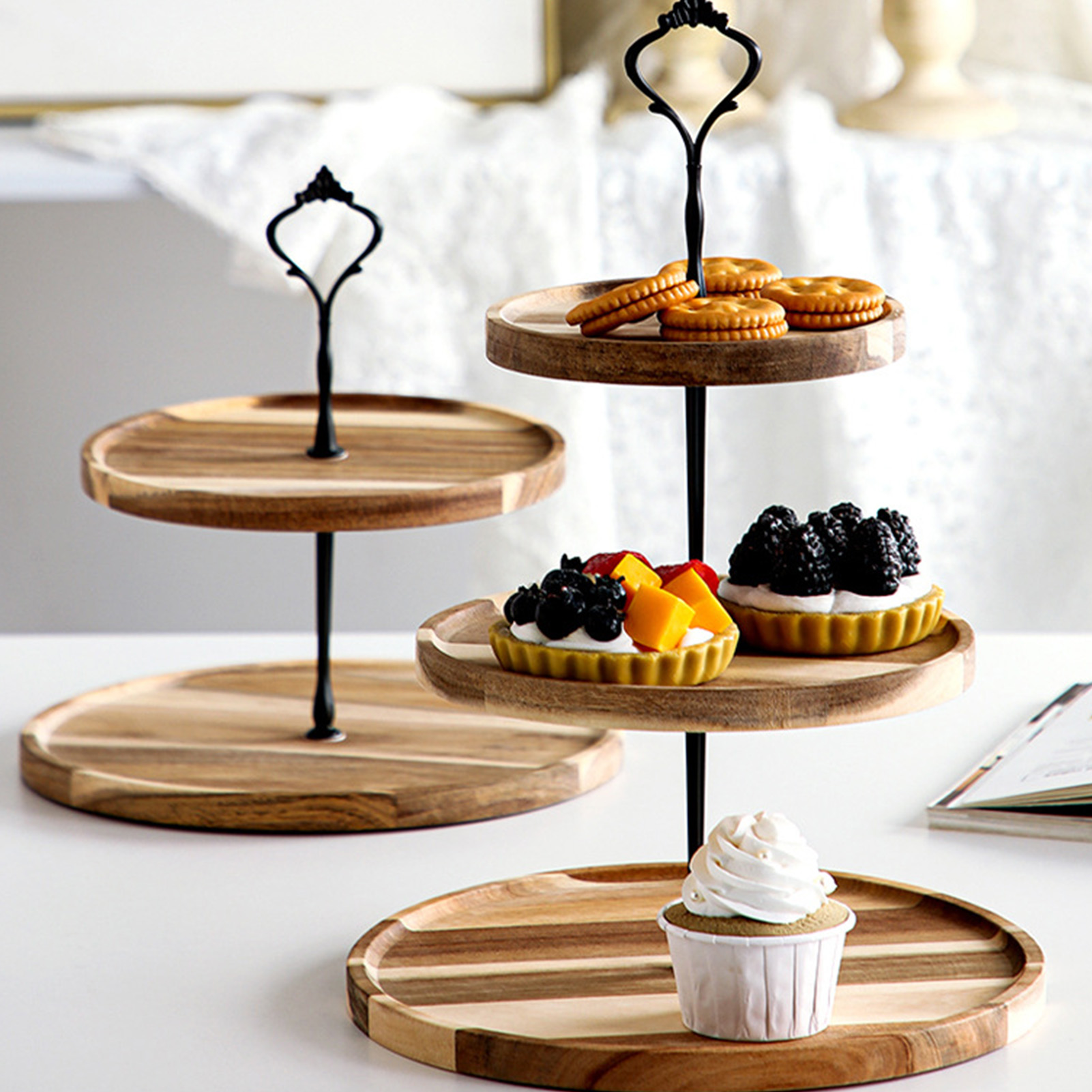 Dessertständer Aus Holz, Umweltfreundlich, Schlicht, Vintage, Dreistöckig, Für Desserts, Obstkuchen, Snacks, Mit Schwarzer Krone