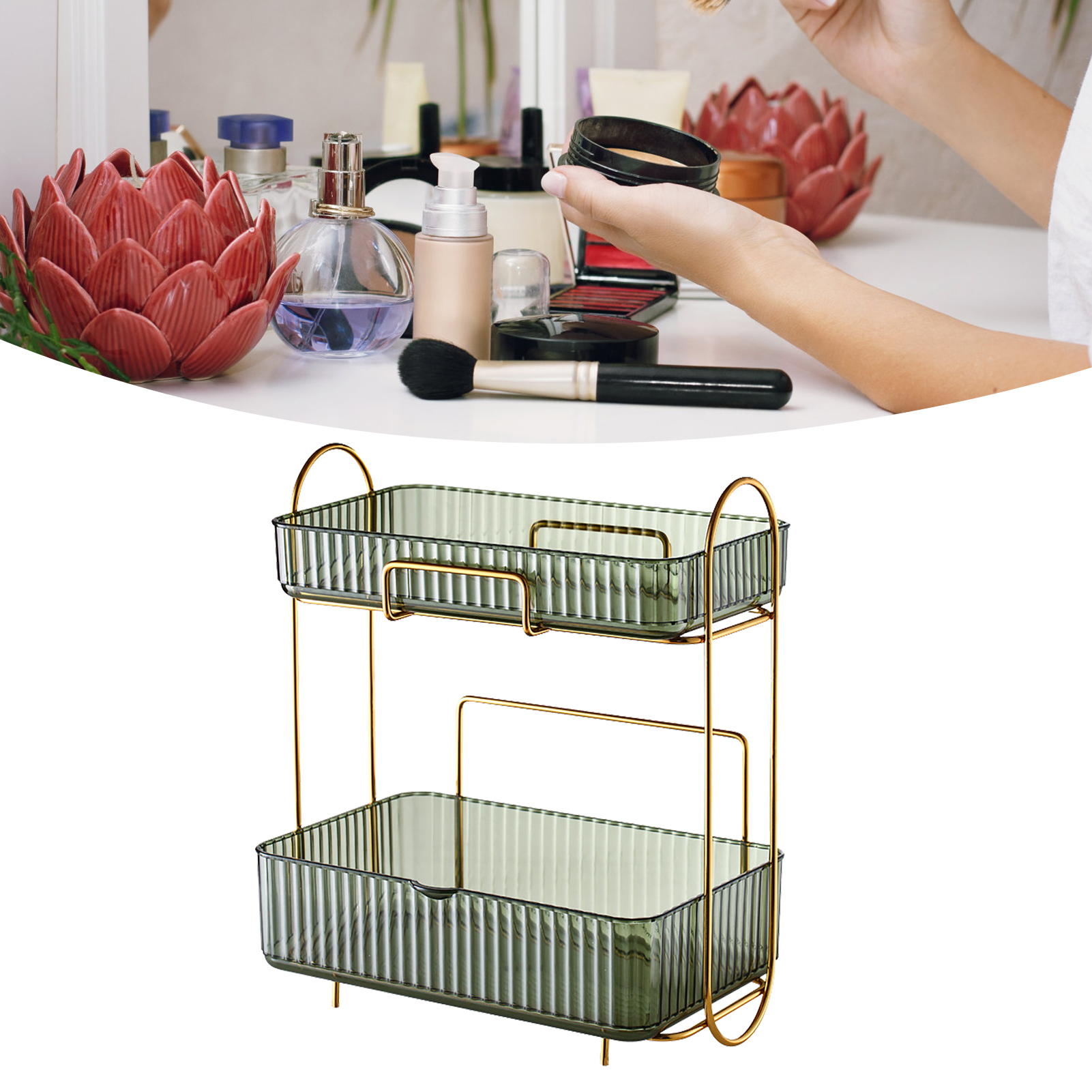 2-stöckiger Badezimmer-organizer Mit Herausnehmbarer Box, Großes Kosmetikregal, Für Die Waschtischplatte Im Schlafzimmer, Helles, Luxuriöses Grün