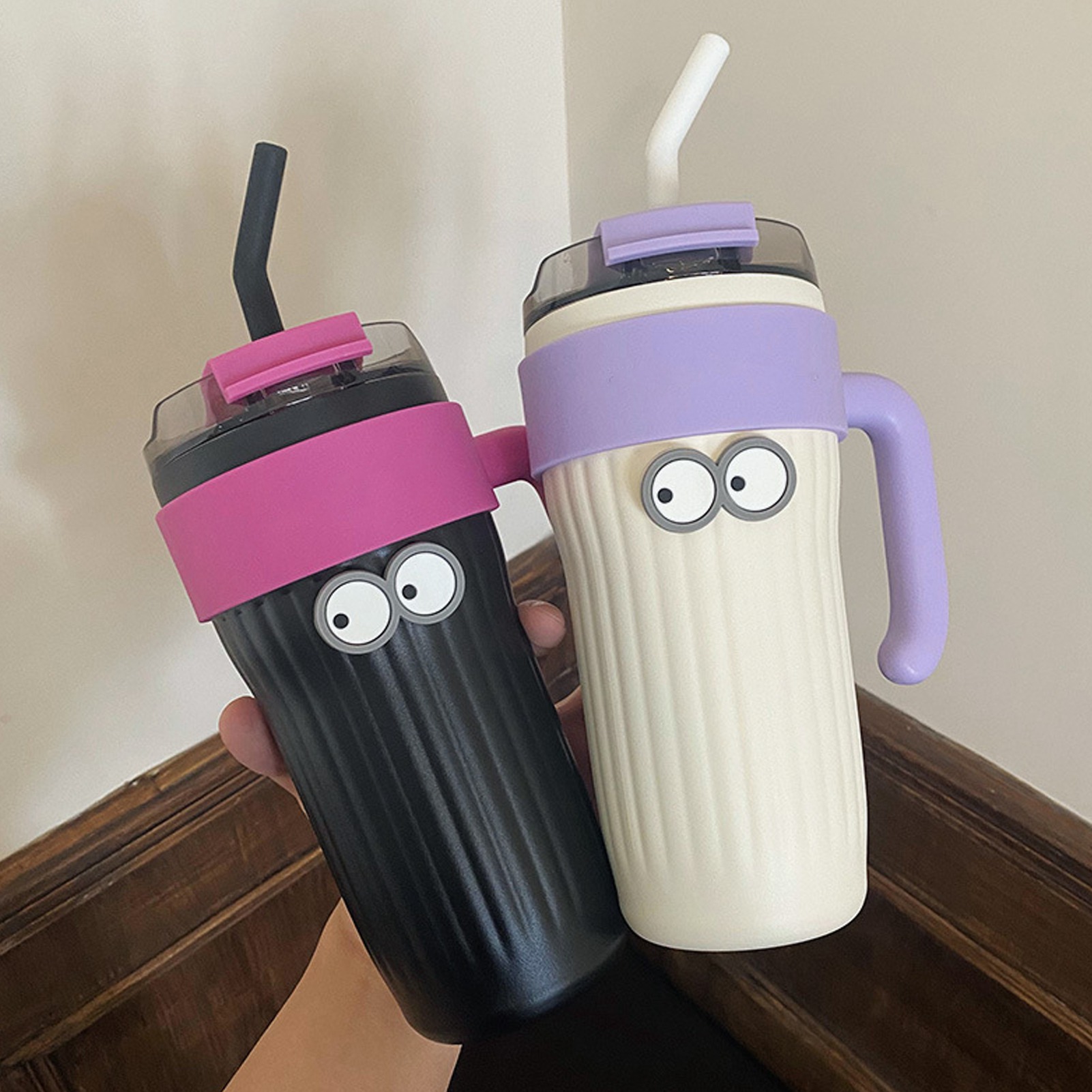 860-ml-kaffeebecher, Isolierte Wasserflasche Aus Edelstahl 316 Mit Henkel Und Strohhalm, Schwarz