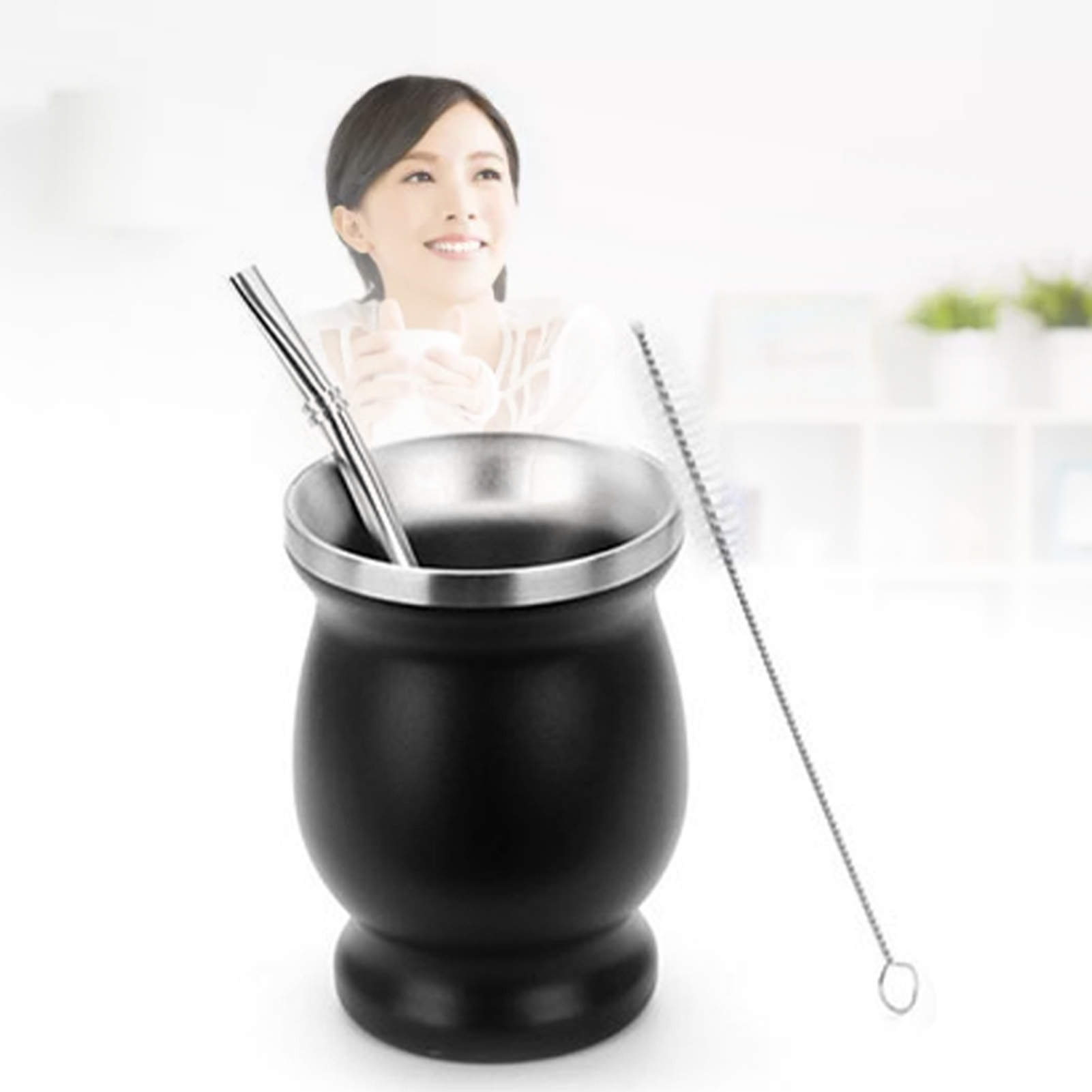 Yerba Gourda Edelstahl-teeset, Schwarze Tasse, Reinigungsbürste Für Yerba-strohhalme, Geschenkidee Für Teeliebhaber