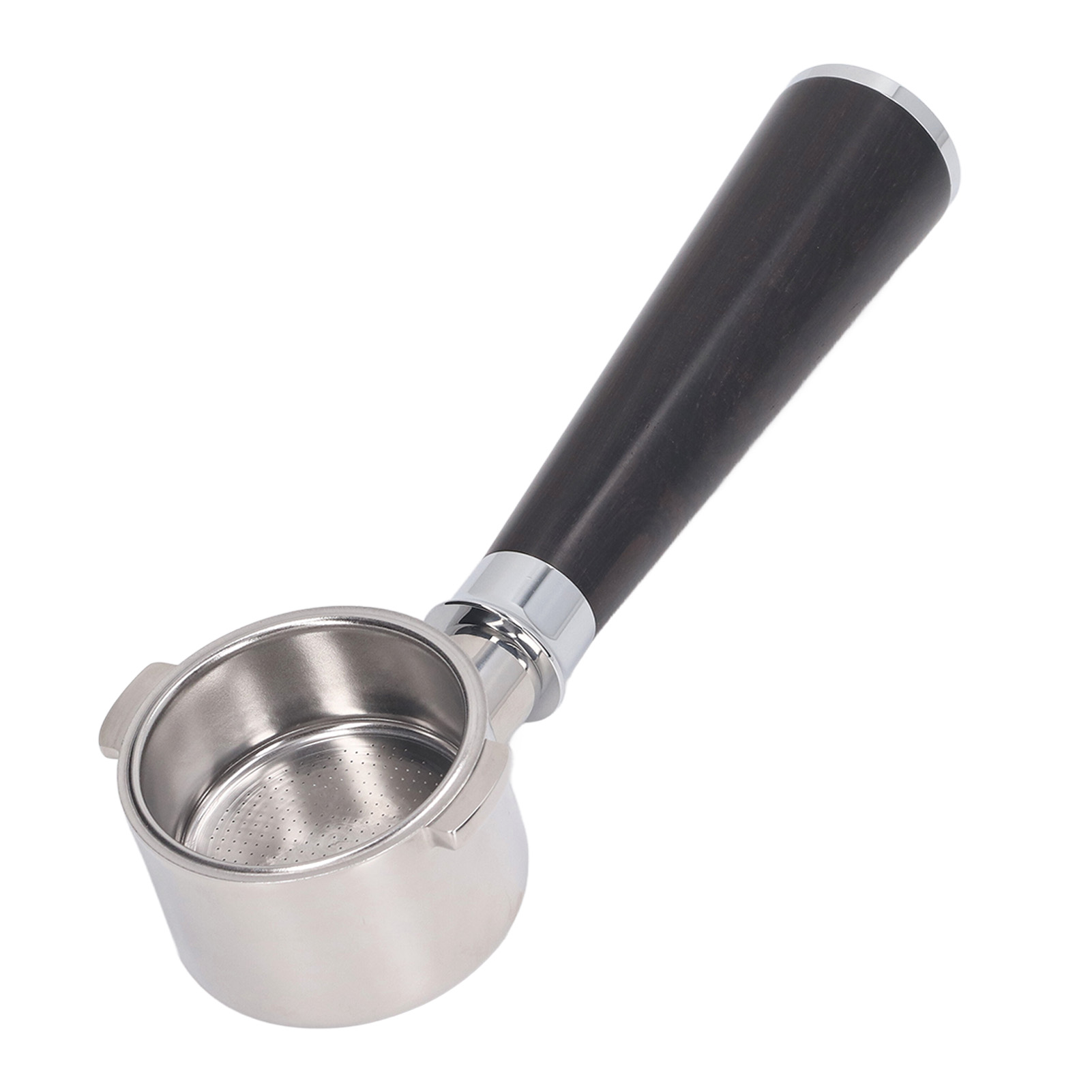 51-mm-2-ohr-filterhalter, Bodenloser Kaffeefilterhalter Aus Edelstahl Für Die Delonghi Eco310 Kaffeemaschine Aus Afrikanischem Ebenholz