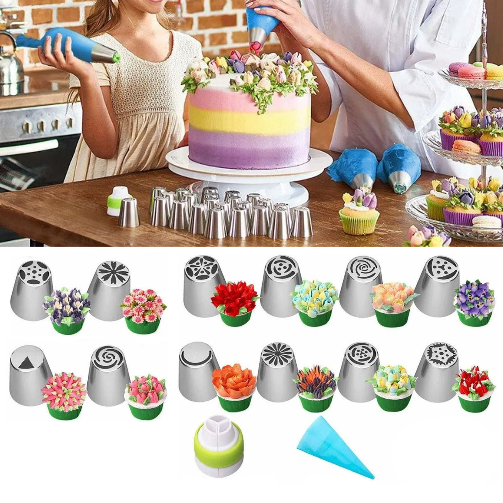 Set Mit 14 Russischen Floralen Spritztüllen, Tortendekorations- Und Backdüsen, Edelstahl, Größe L