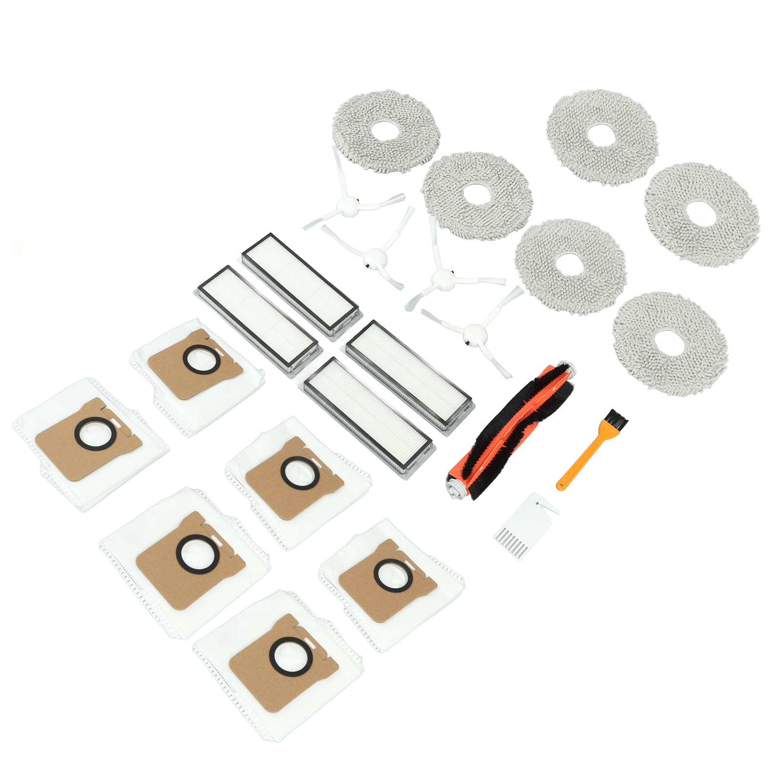 Das Dreame Staubsauger-zubehörset Beinhaltet: 1 Walzenbürste, 4 Seitenbürsten, 4 Filter, 6 Wischtücher, 6 Staubbeutel, 1 Weiße Bürste, 1 Gelbe Bürste