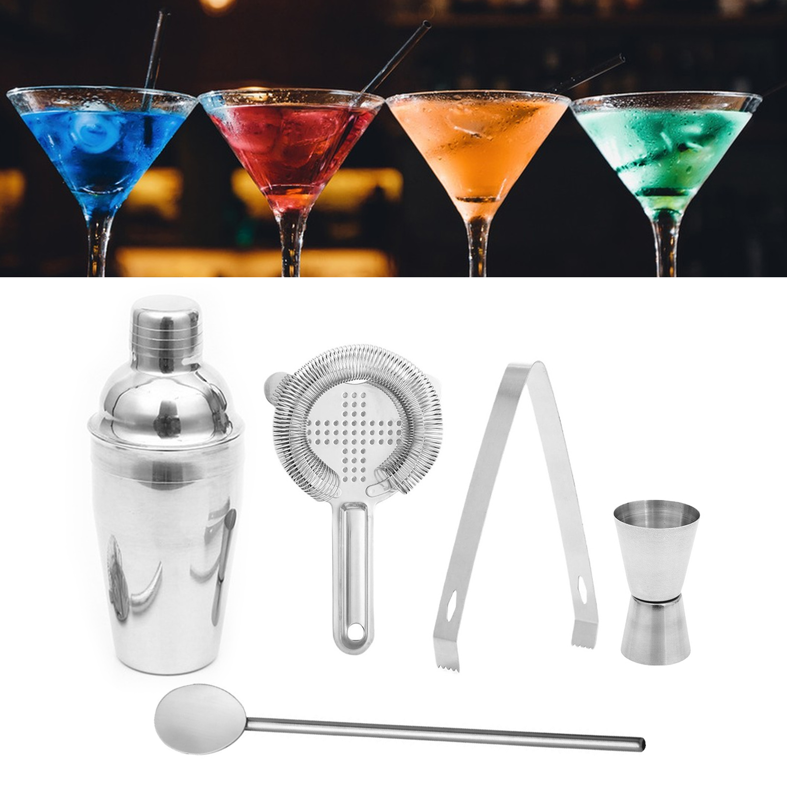 5-teiliges Cocktailshaker-set Aus Edelstahl, 750 Ml, Inklusive Shakerlöffel, Messbecher, Clip Und Barfilter.
