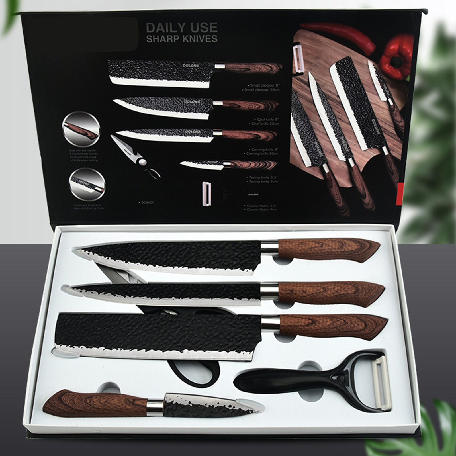 6-teiliges Set Gehämmerter Messer, Multifunktional, Ergonomisch, Aus Gehämmertem Edelstahl Mit Holzgriffen Für Die Heimische Küche