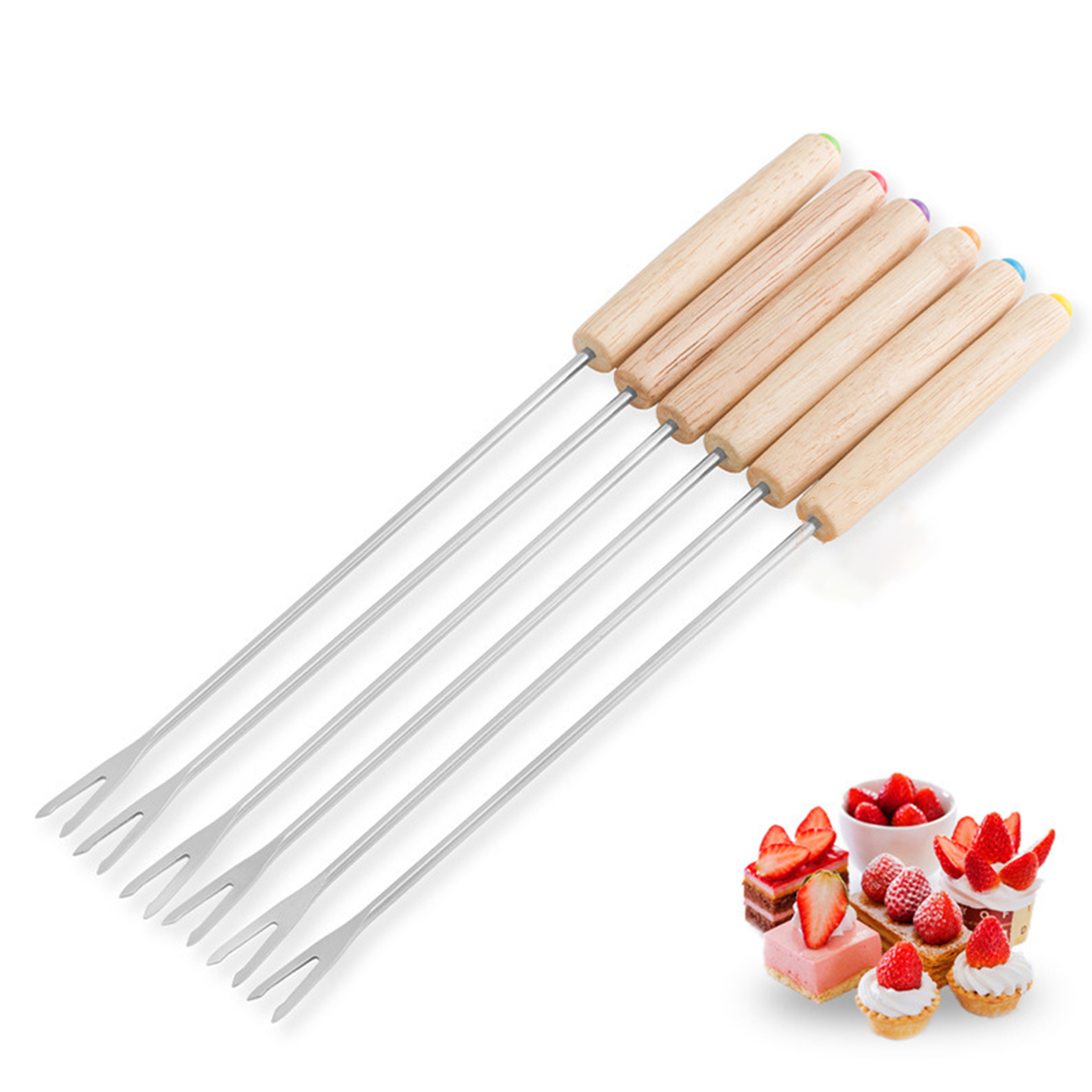 6 Multifunktionale Fonduegabeln Aus Edelstahl Mit Holzgriff, Für Obstfondue, Käsefondue, Schokoladenfondue Und Fontänenfondue