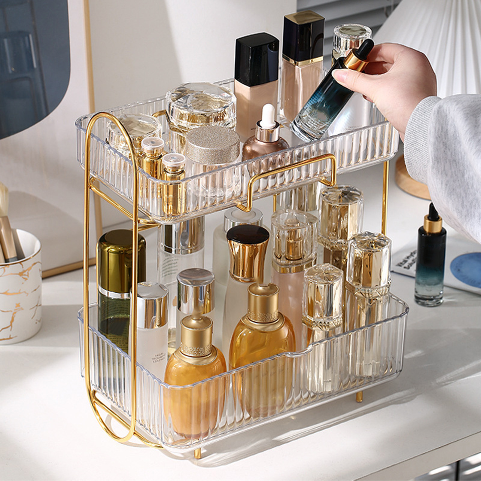 Kosmetik-organizer, 2-stöckiger Badezimmer-organizer, Großes Fassungsvermögen, Kosmetikregal Fürs Schlafzimmer, Transparent