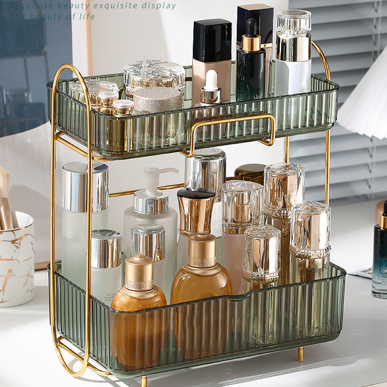 Kosmetik-organizer, 2-stöckiger Badezimmer-organizer, Großes Fassungsvermögen, Kosmetikregal Fürs Schlafzimmer, Kommode, Grün